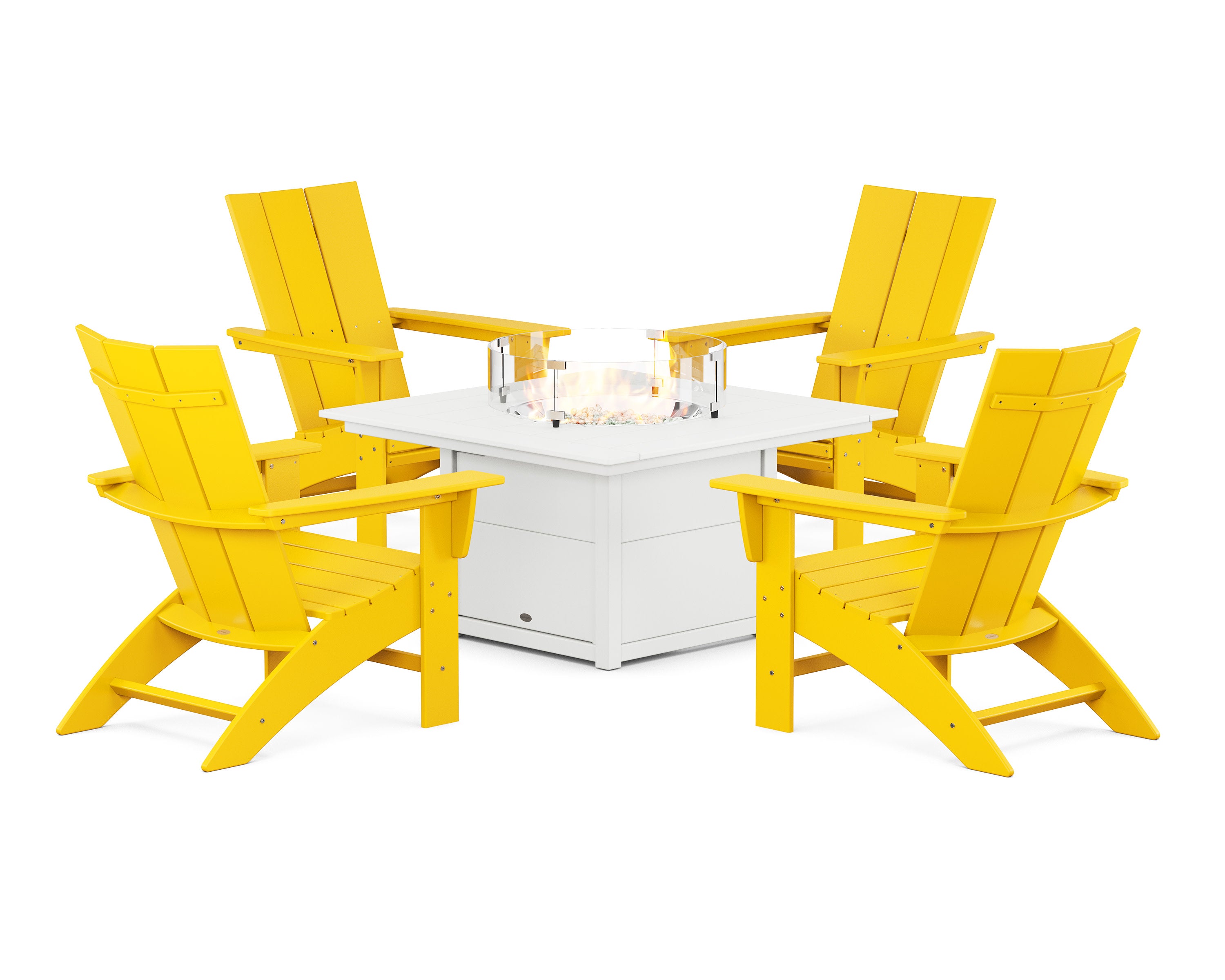 Modern Curveback Adirondack 5-Piece Conversation Set with Fire Pit Table in Lemon / White