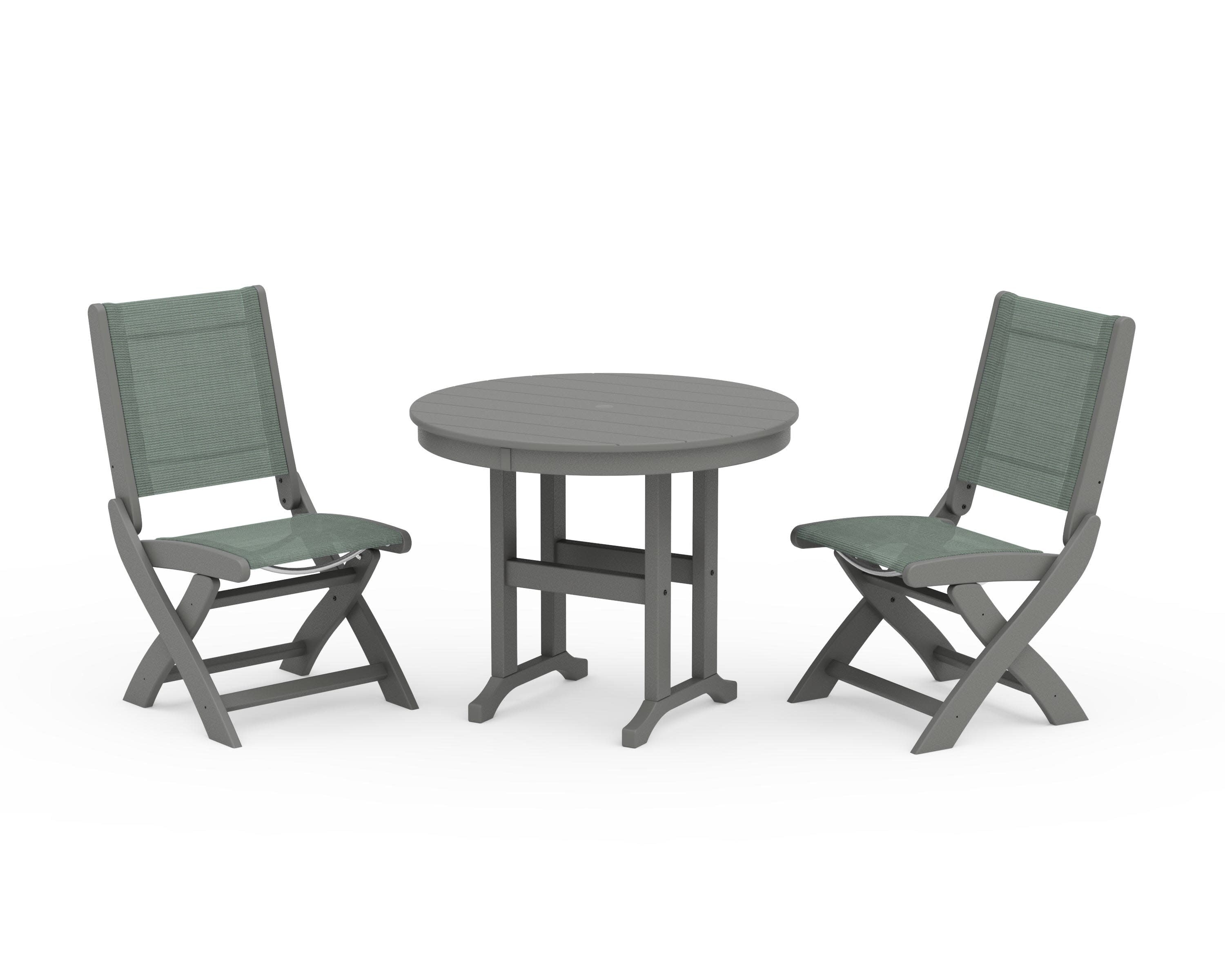 Coastal Folding Side Chair 3-Piece Round Dining Set in Slate Grey / Dupioni Sea Mist Sling
