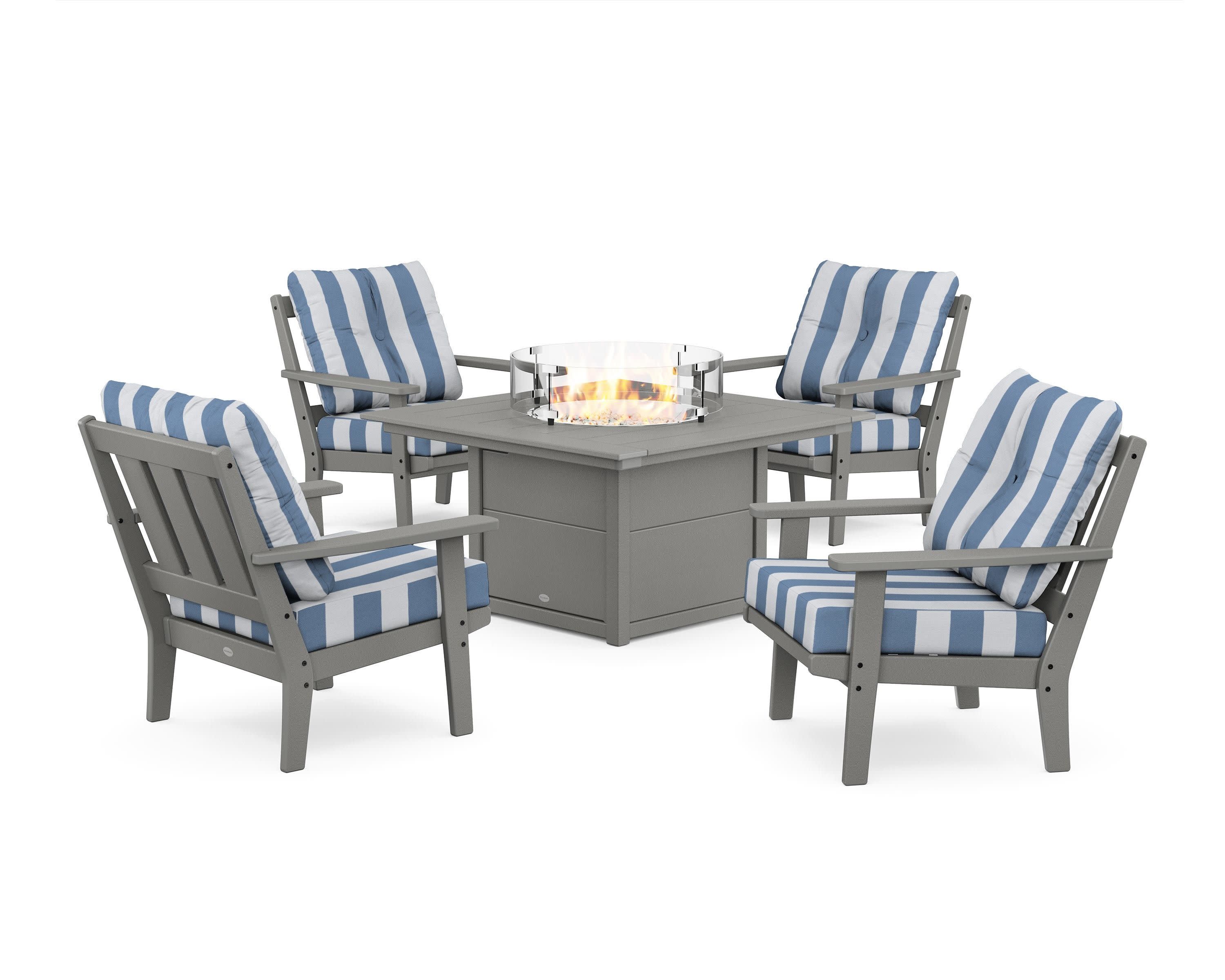 Oxford 5-Piece Deep Seating Set with Fire Pit Table in Slate Grey / Cabana Stripe Sky Blue