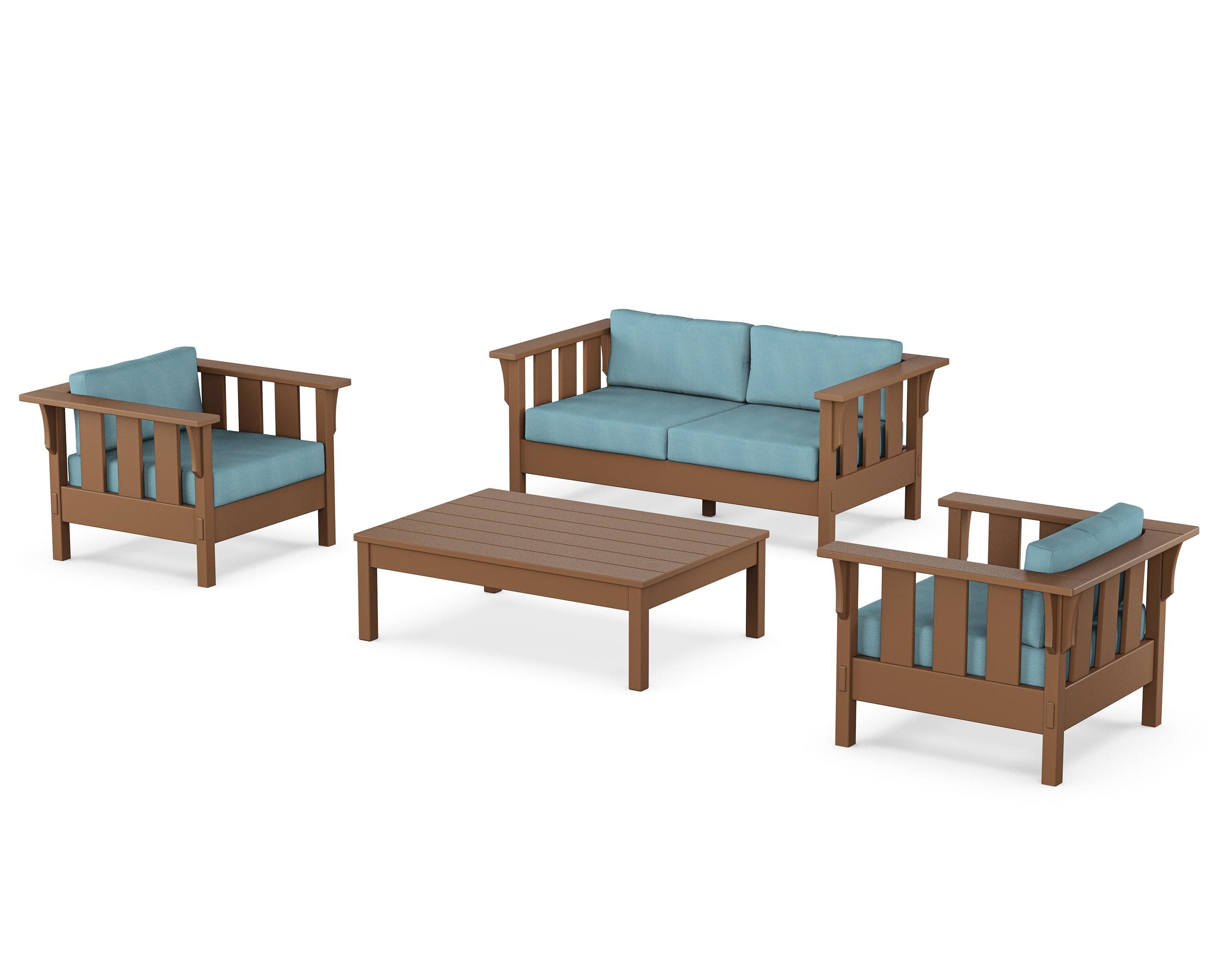 Acadia 4-Piece Deep Seating Set with Loveseat in Teak / Lattice Sky Blue