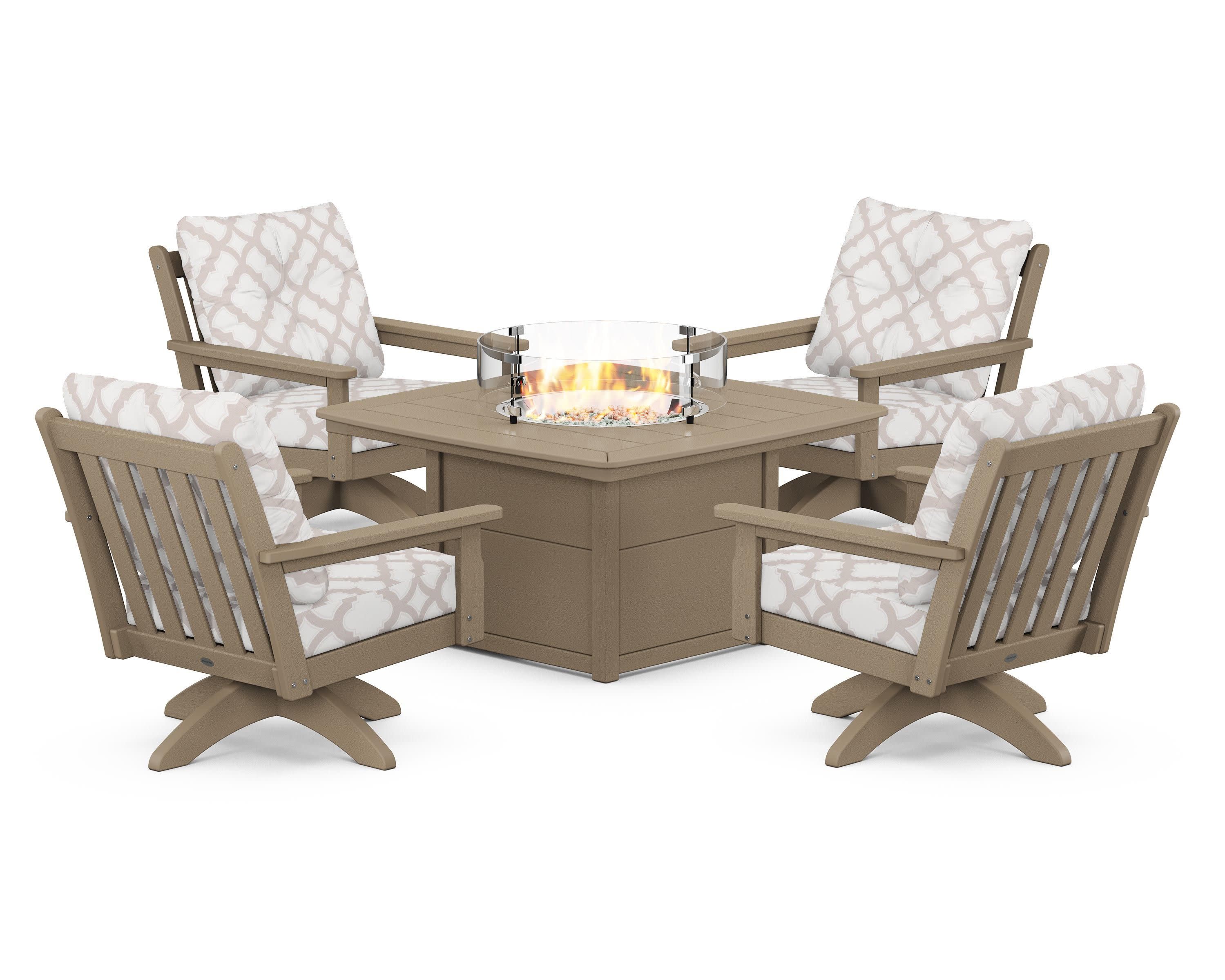 Vineyard 5-Piece Deep Seating Swivel Conversation Set with Fire Pit Table in Vintage Sahara / Trellis Dune Burlap