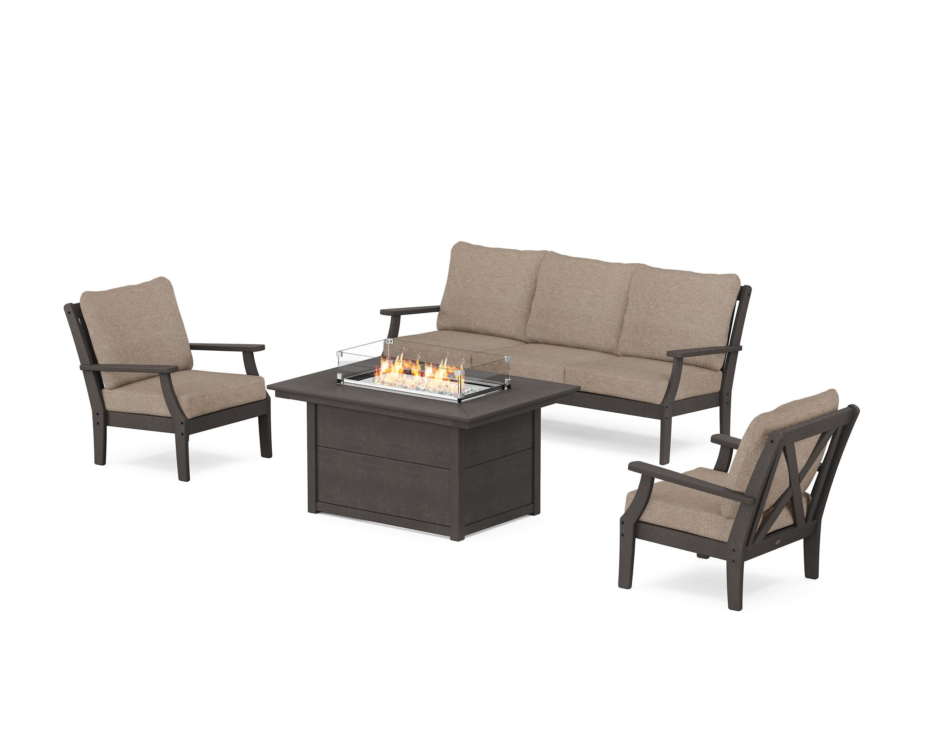 Braxton Deep Seating Fire Pit Table Set in Vintage Coffee / Spiced Burlap