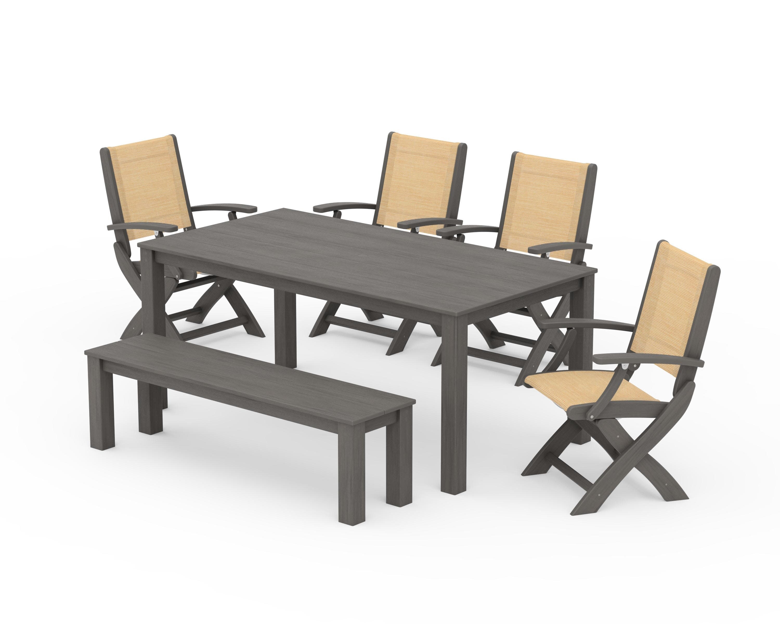 Coastal Folding Chair 6-Piece Parsons Dining Set with Bench in Driftwood / Dupioni Apricot Sling
