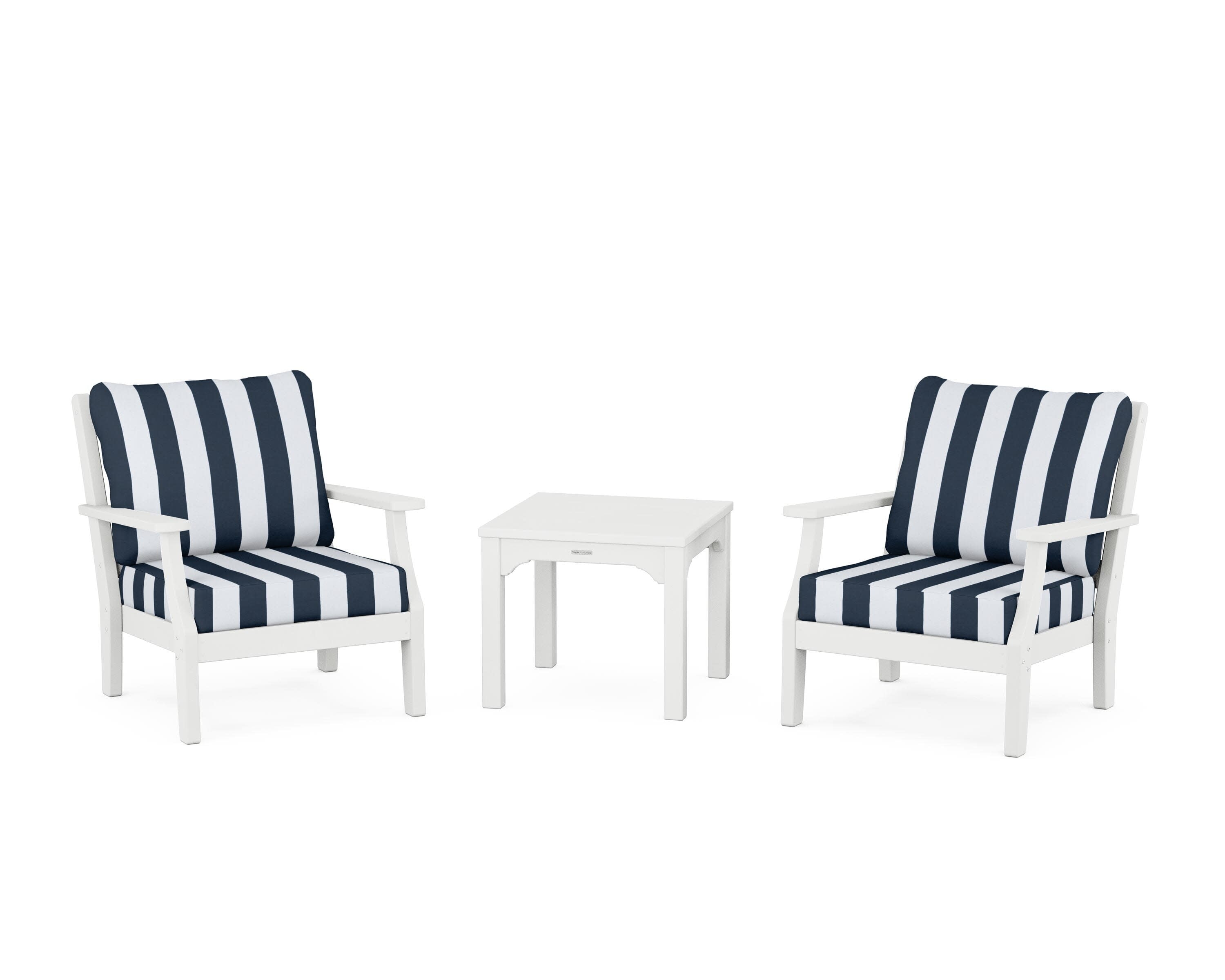 Chinoiserie 3-Piece Deep Seating Set in White / Cabana Stripe Marine Indigo