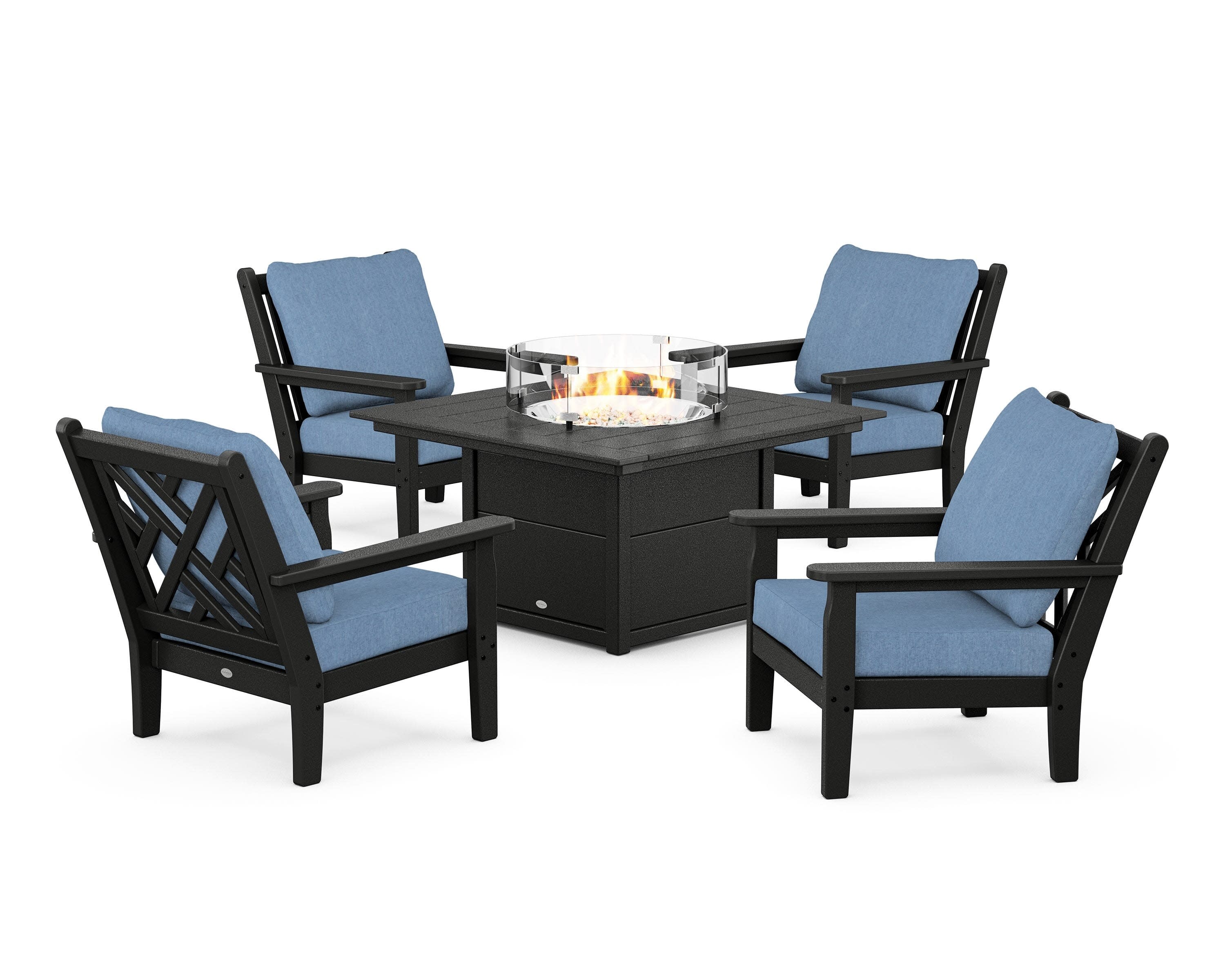 Chippendale 5-Piece Deep Seating Set with Fire Pit Table in Black / Sky Blue