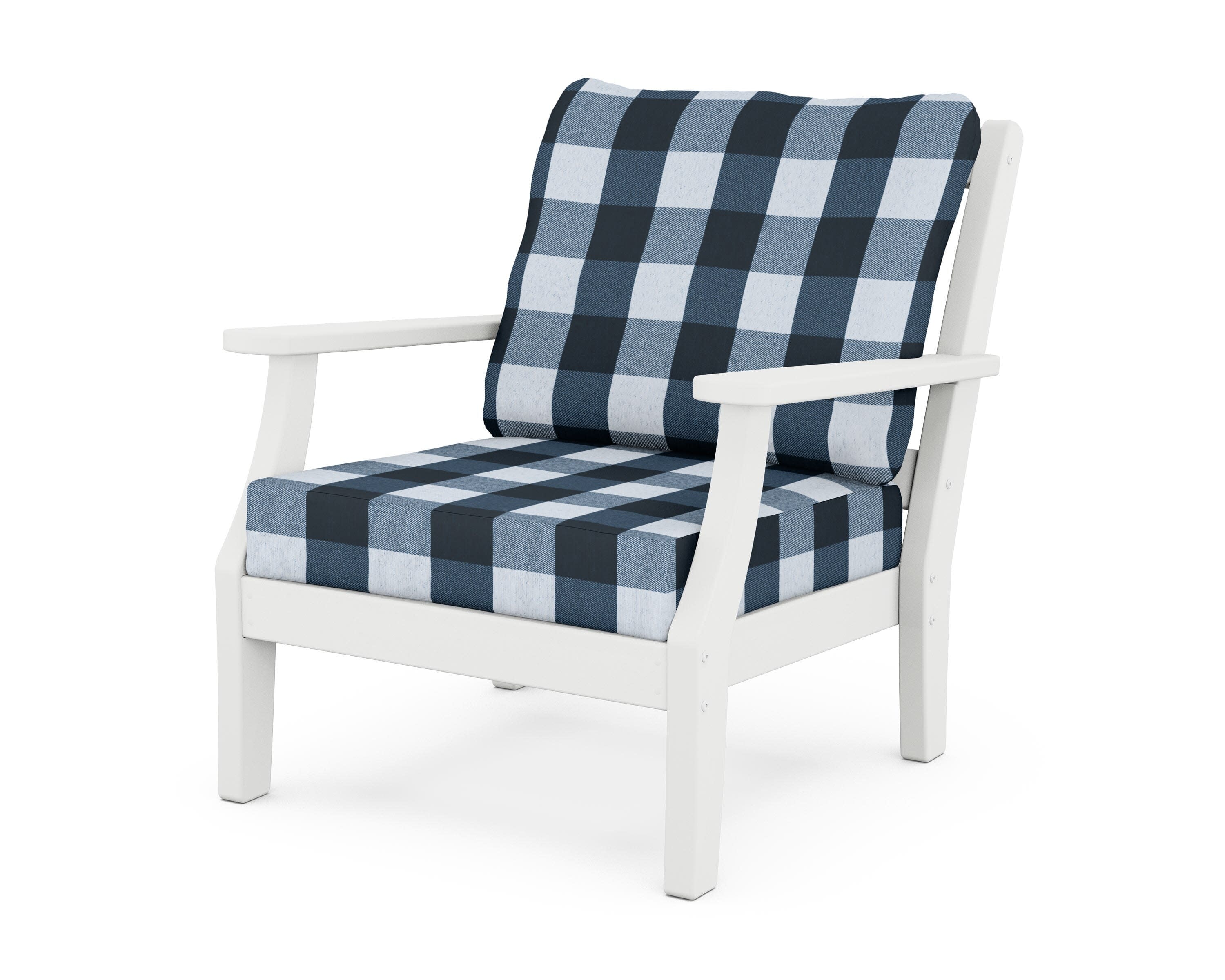 Chinoiserie Deep Seating Chair in White / Buffalo Plaid Marine Indigo