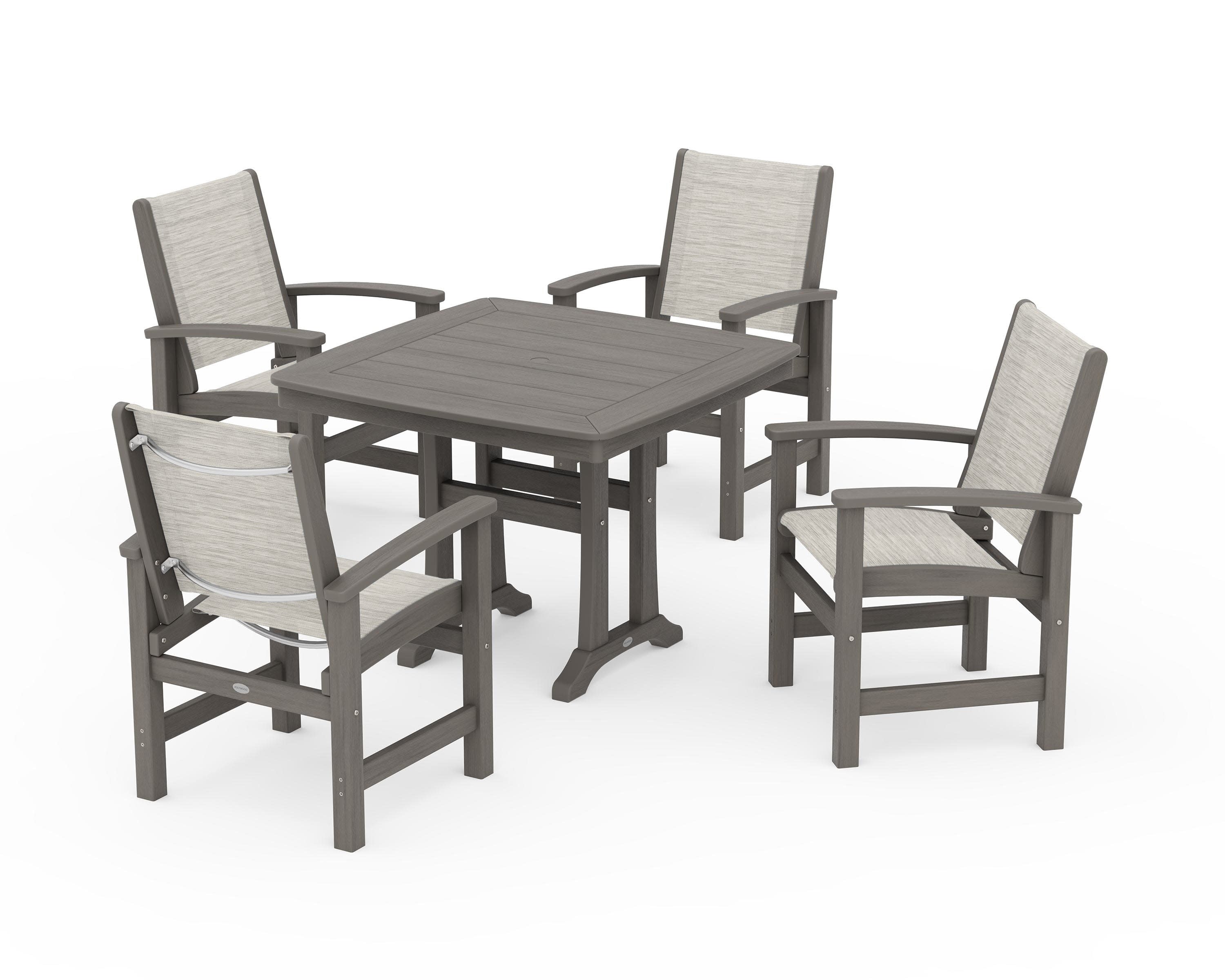 Coastal 5-Piece Dining Set with Trestle Legs in Driftwood / Birch Sling