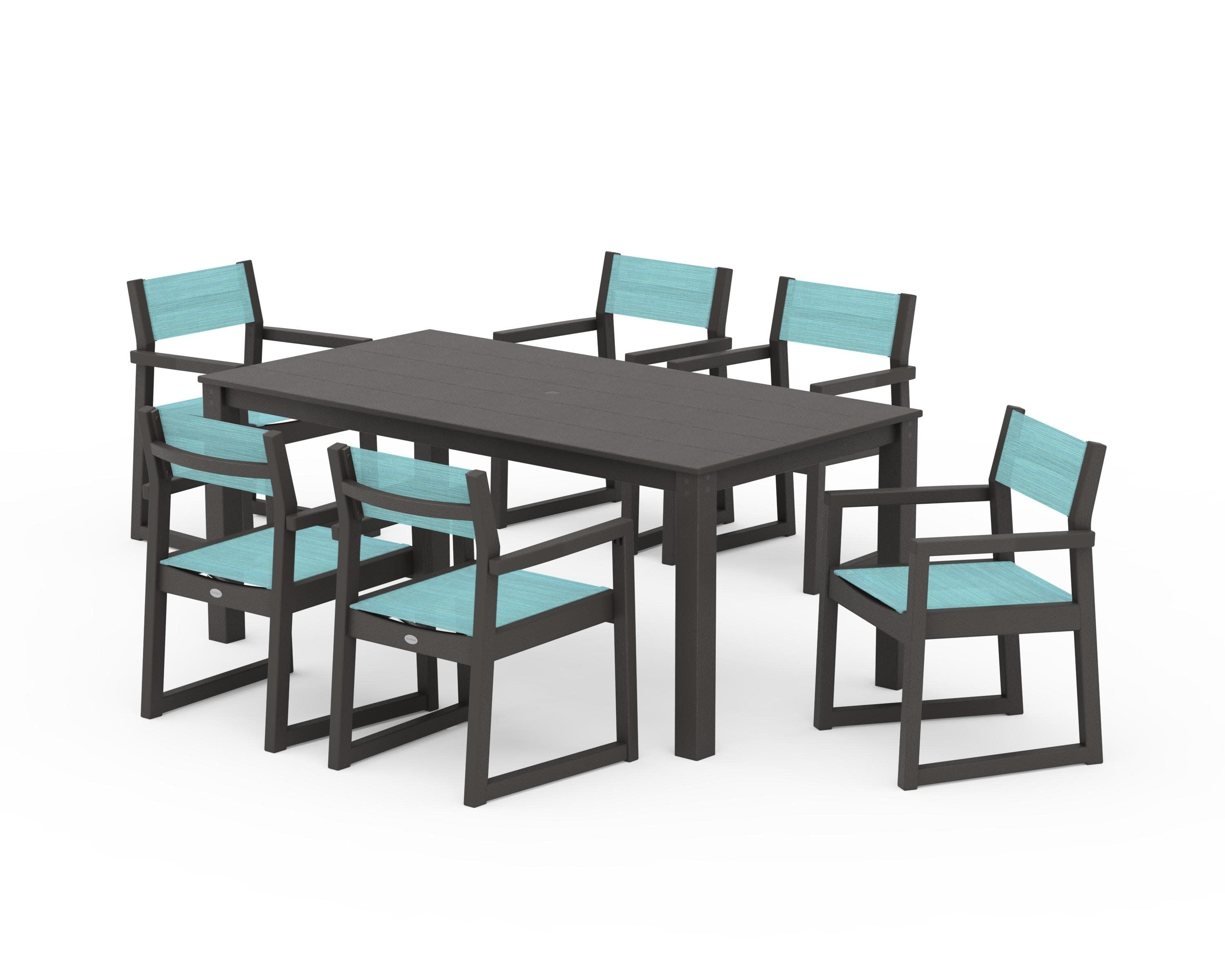 EDGE Sling Arm Chair 7-Piece Parsons Dining Set in Vintage Coffee / Dupioni Aquamarine Sling