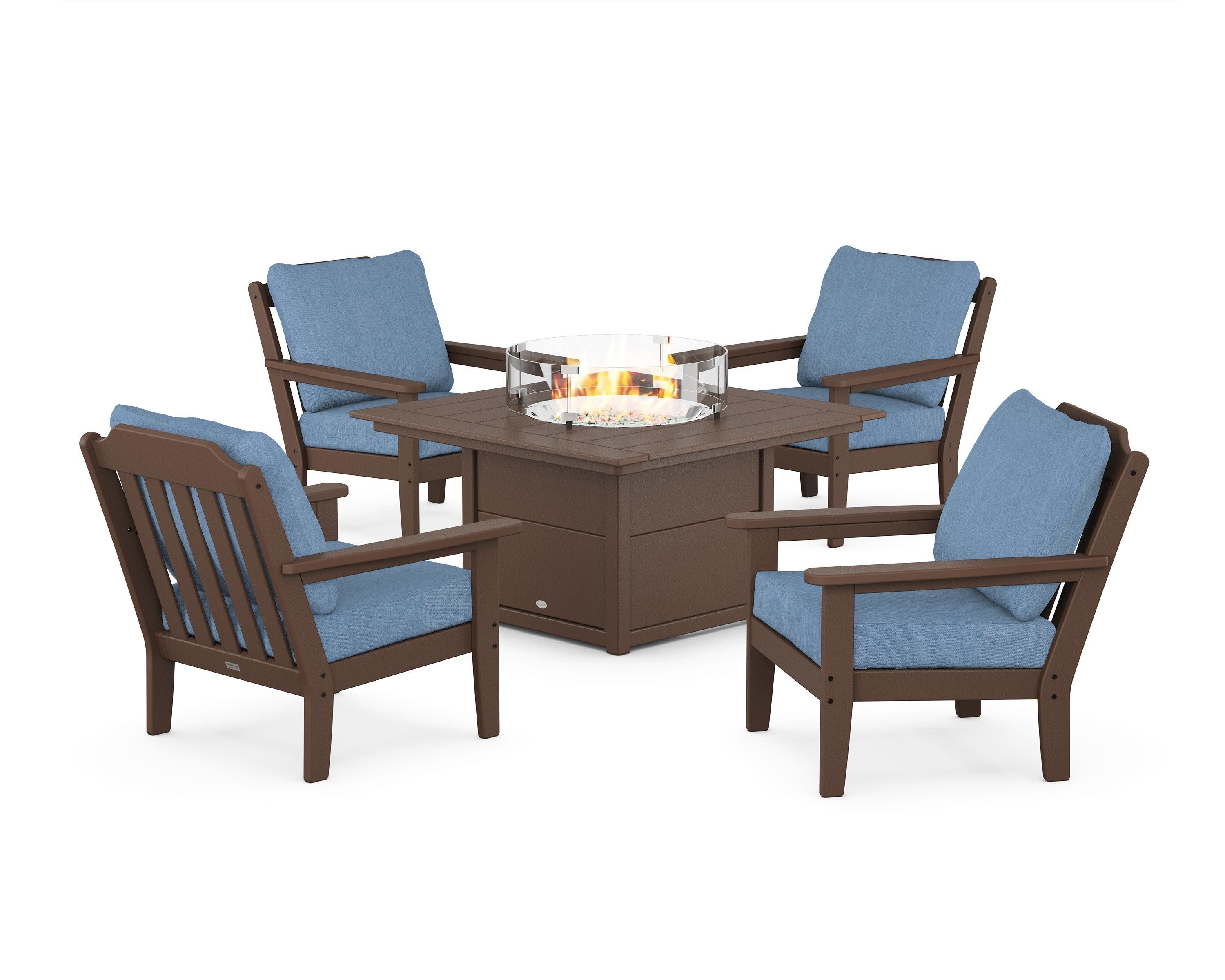 Cottage 5-Piece Deep Seating Set with Fire Pit Table in Mahogany / Sky Blue