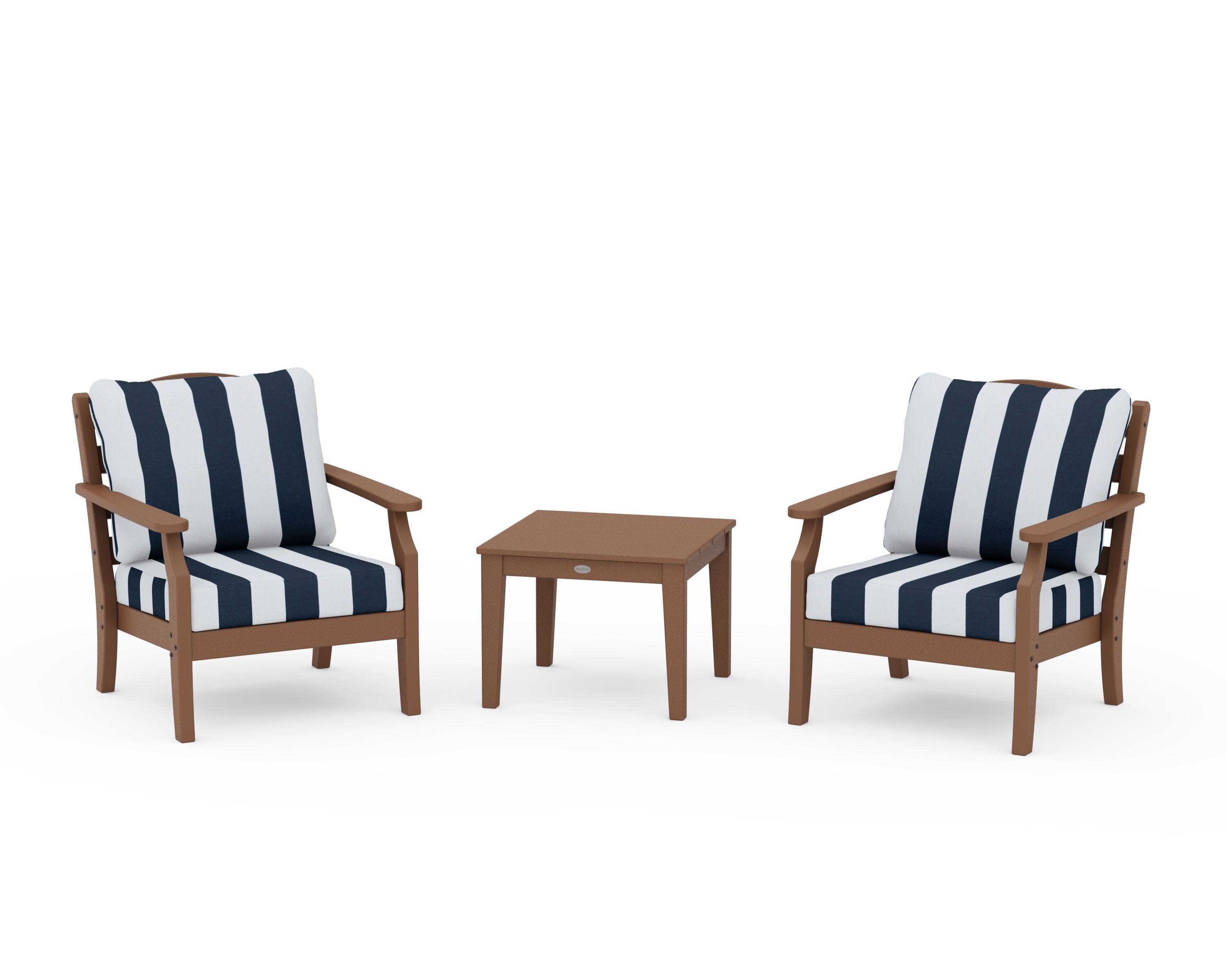 Savannah 3-Piece Deep Seating Set in Teak / Cabana Stripe Marine Indigo