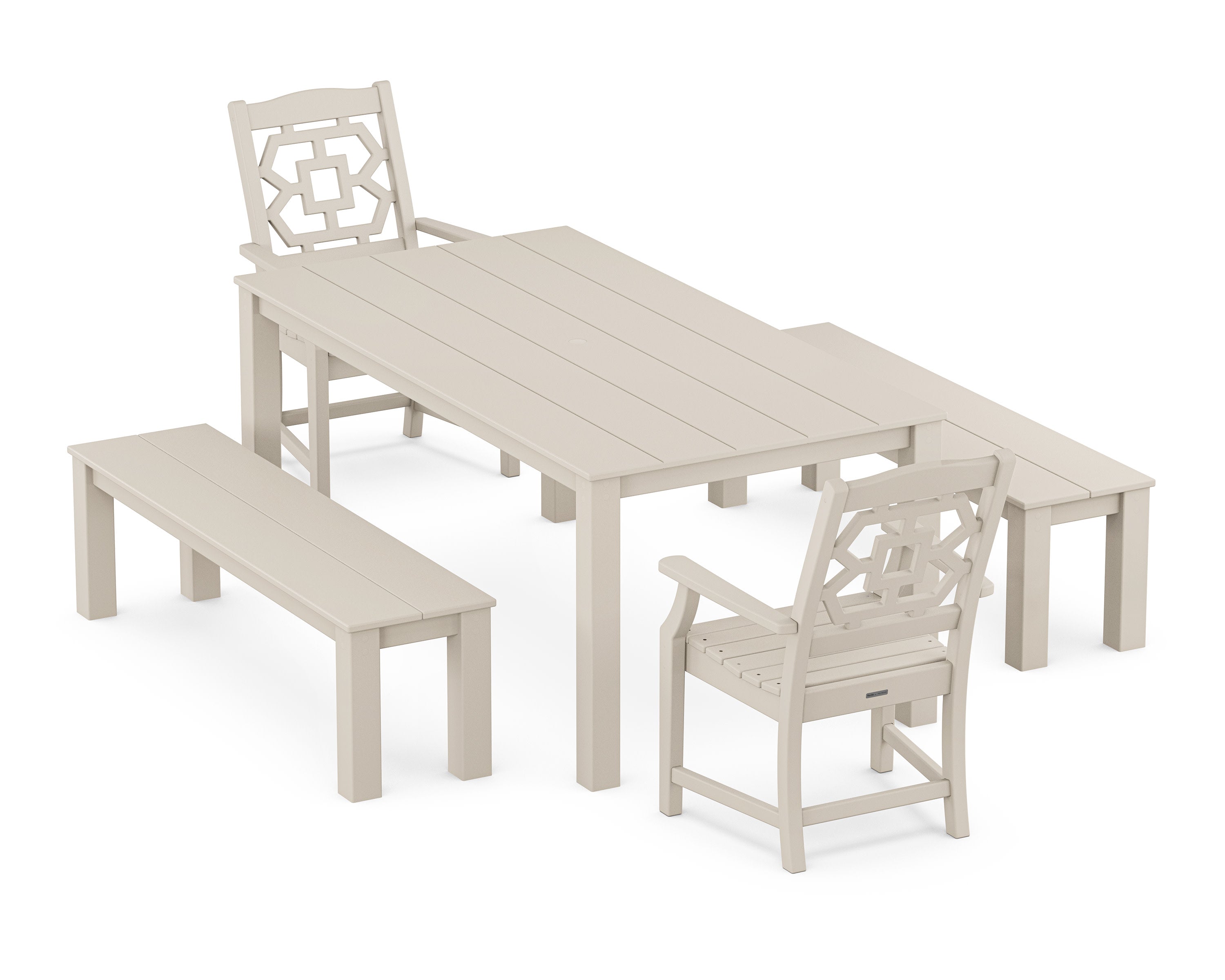 Chinoiserie 5-Piece Parsons Dining Set with Benches in Sand