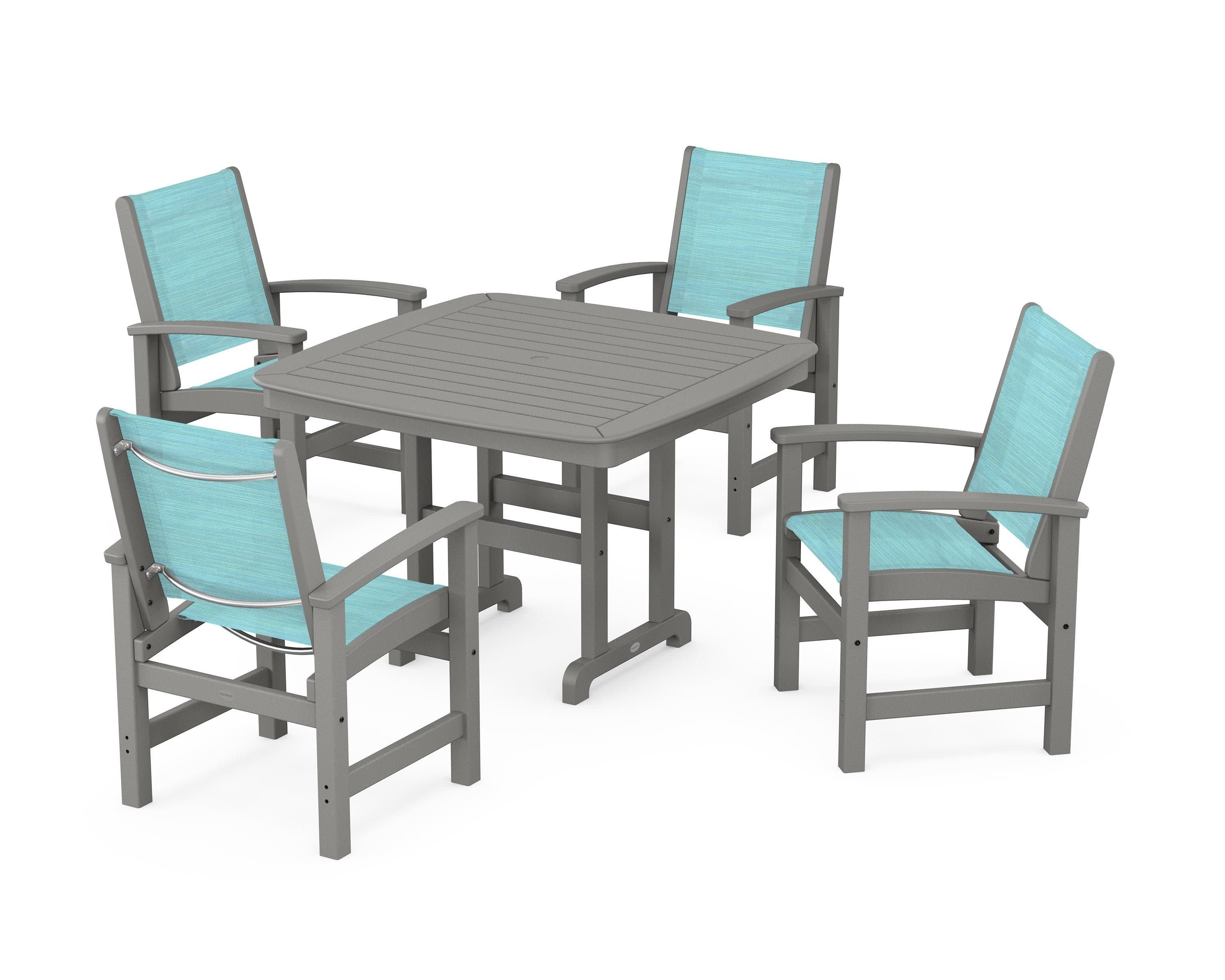 Coastal 5-Piece Dining Set in Slate Grey / Dupioni Aquamarine Sling