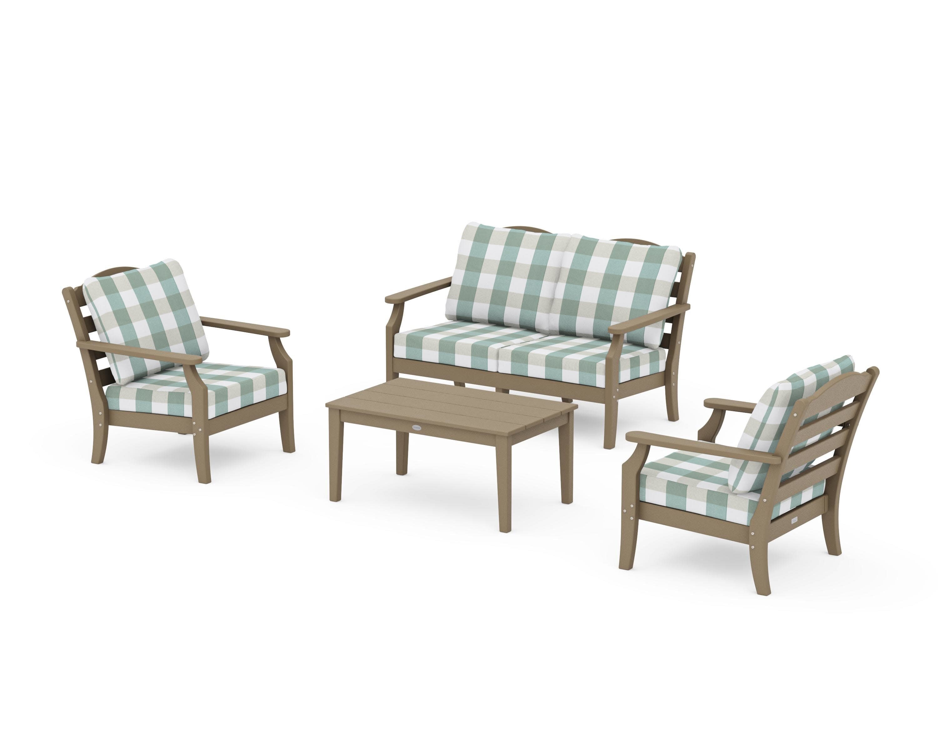 Savannah 4-Piece Deep Seating Set with Loveseat in Vintage Sahara / Buffalo Plaid Glacier Spa