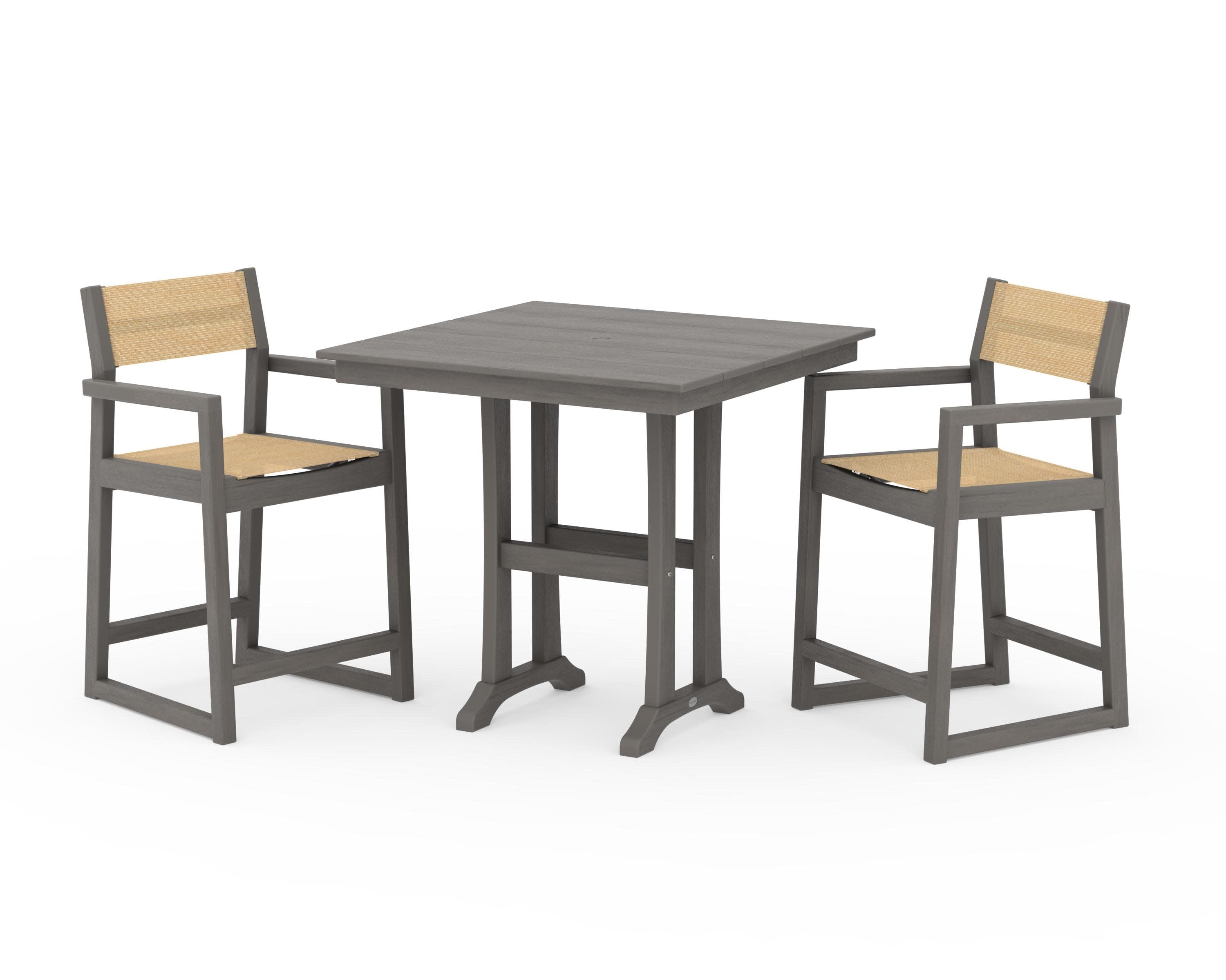 EDGE Sling Arm Chair 3-Piece Farmhouse Counter Set with Trestle Legs in Driftwood / Dupioni Apricot Sling