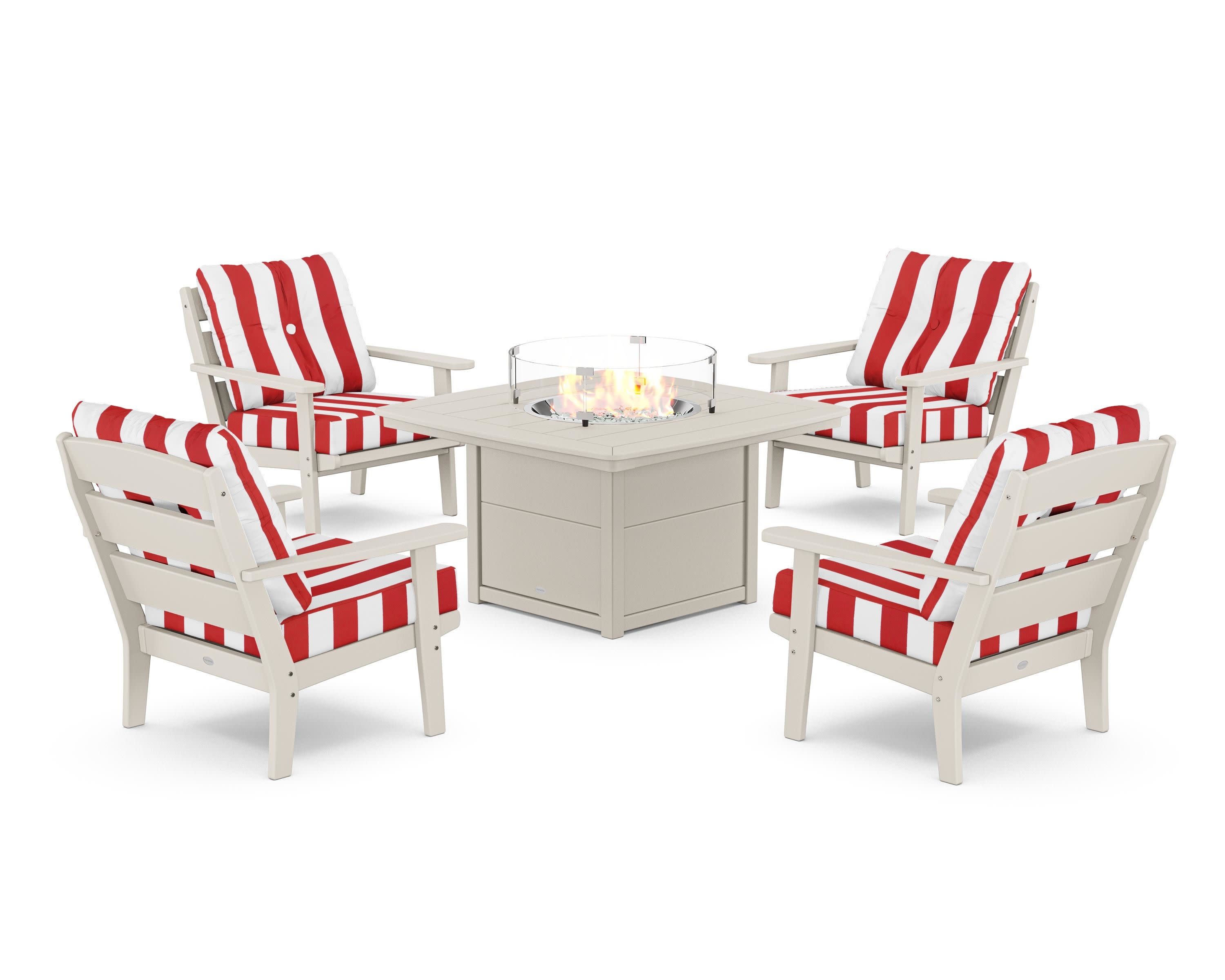 Lakeside 5-Piece Deep Seating Set with Nautical Fire Pit Table in Sand / Cabana Stripe Crimson