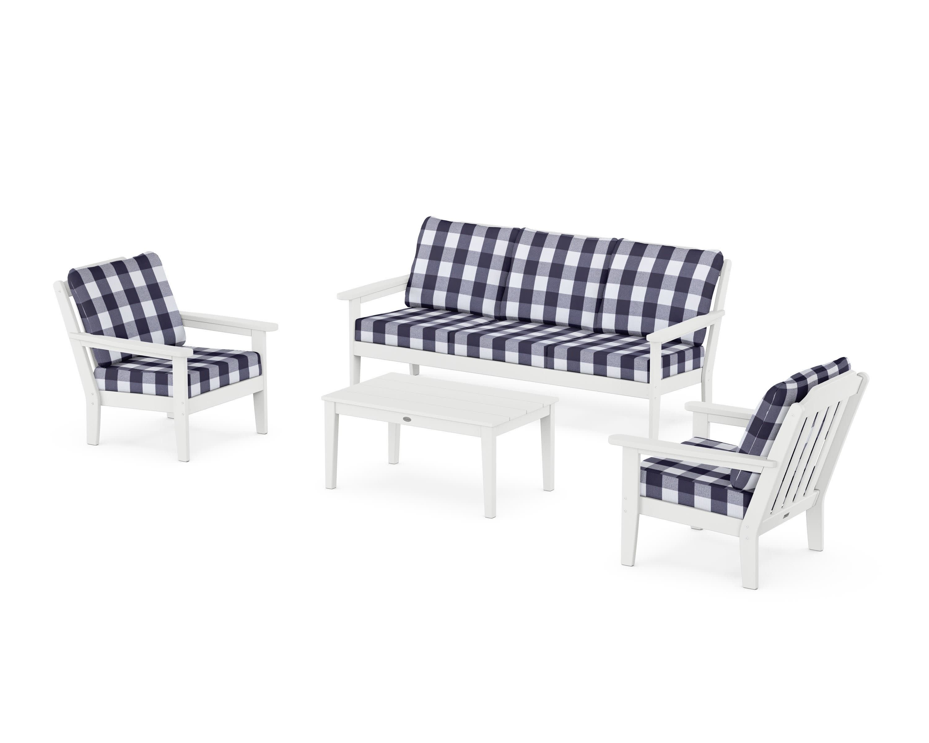 Cottage 4-Piece Deep Seating Set with Sofa in White / Buffalo Plaid Navy