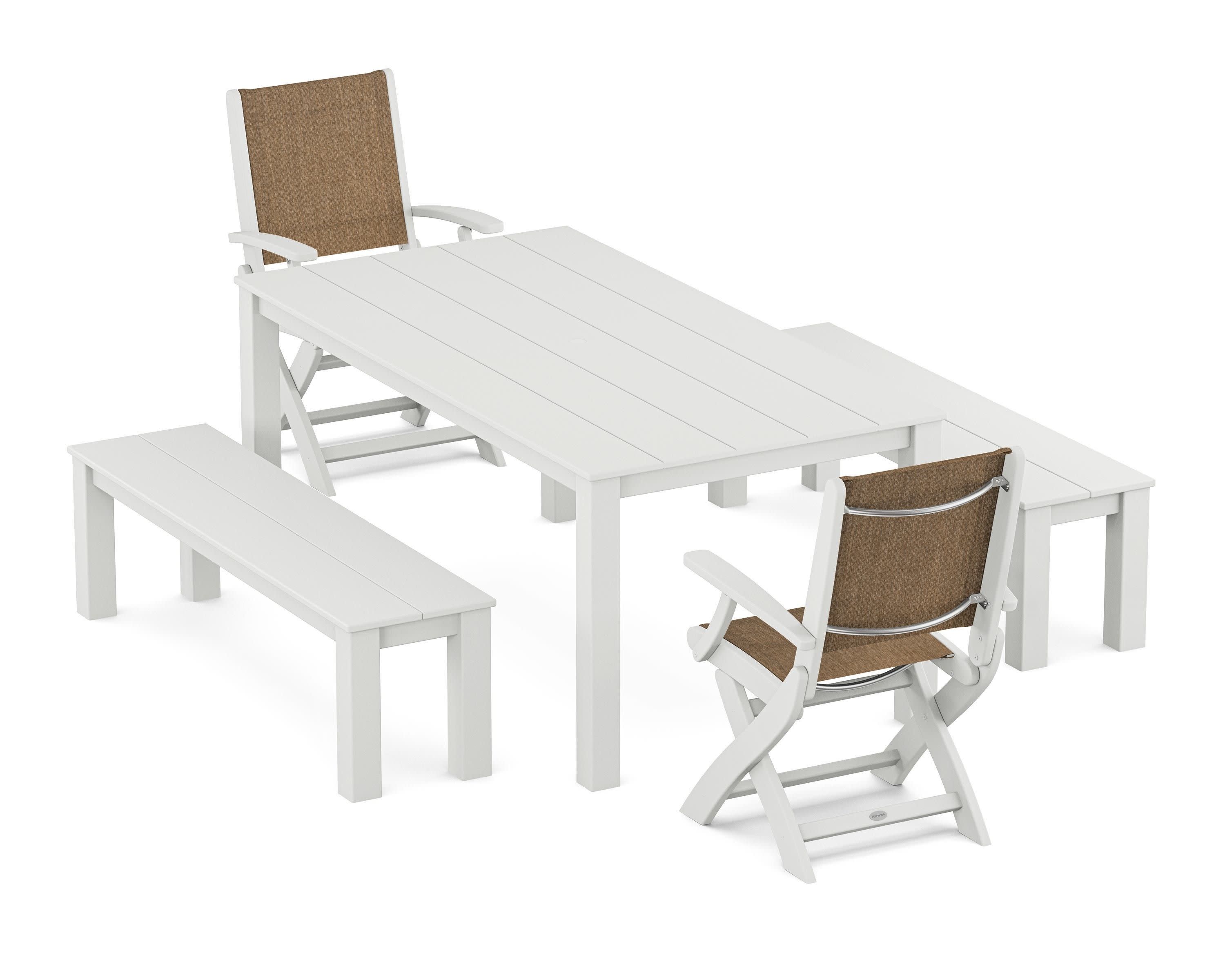 Coastal Folding Chair 5-Piece Parsons Dining Set with Benches in White / Burlap Sling