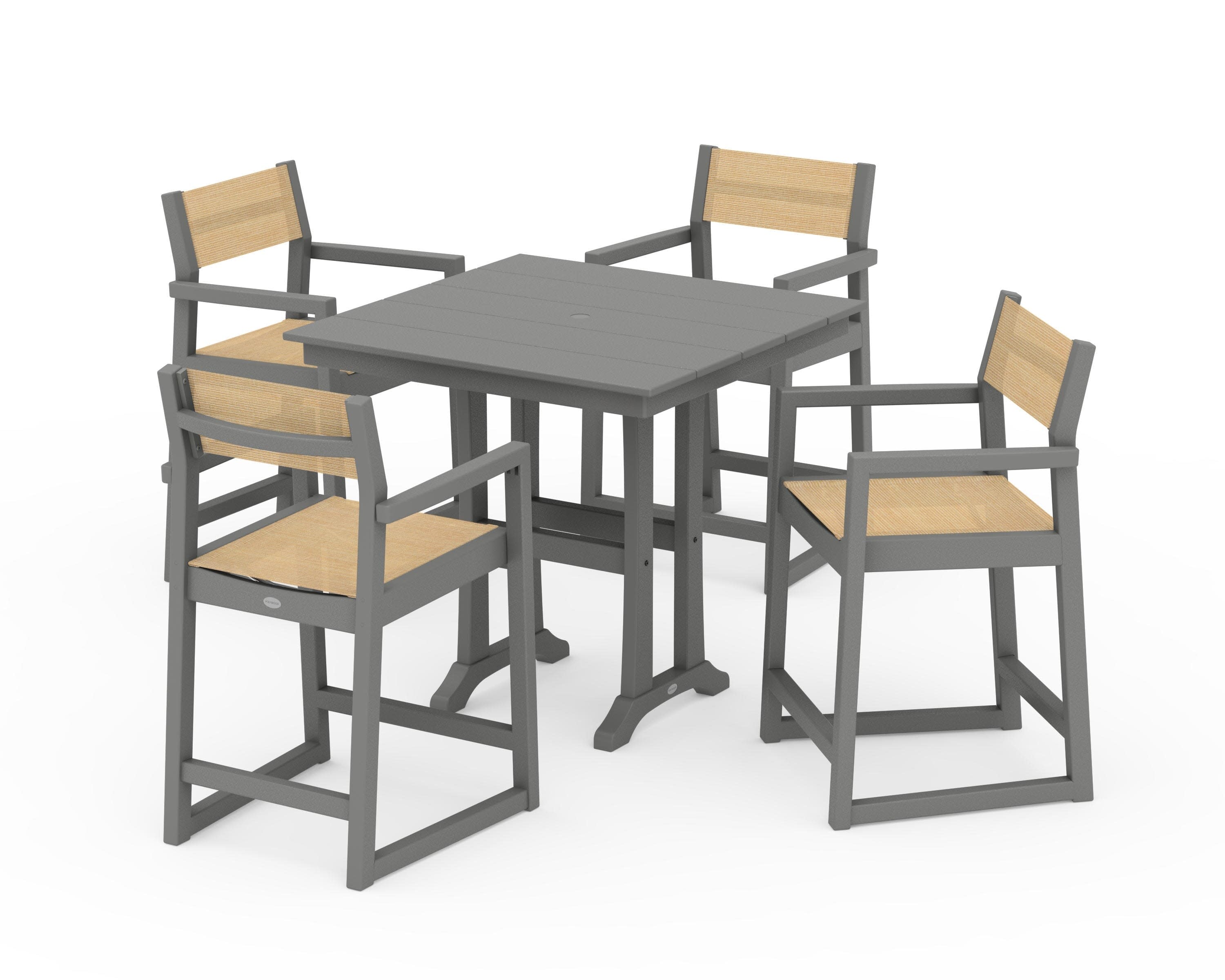 EDGE Sling Arm Chair 5-Piece Farmhouse Counter Set with Trestle Legs in Slate Grey / Dupioni Apricot Sling