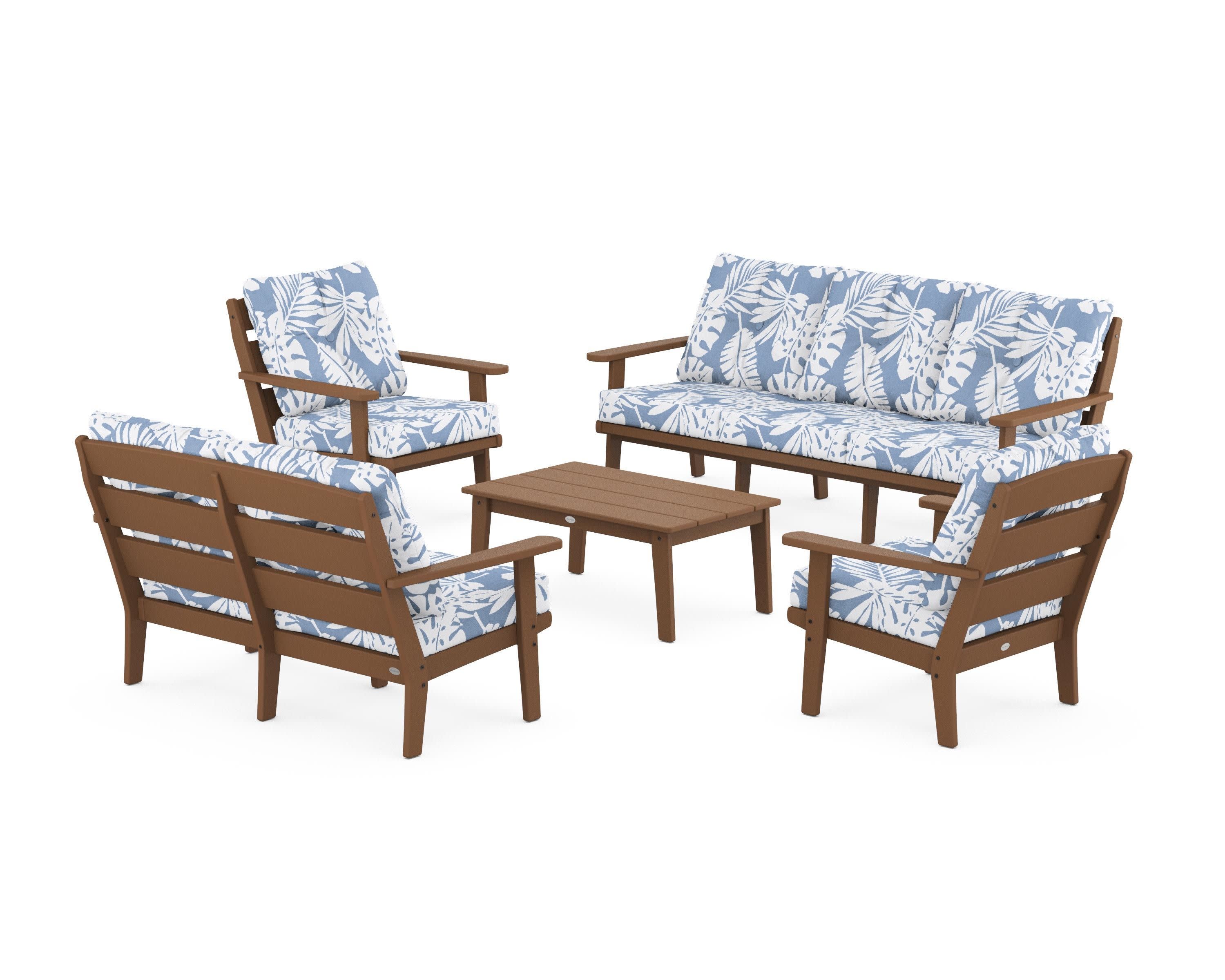 Lakeside 5-Piece Lounge Sofa Set in Teak / Leaf Sky Blue