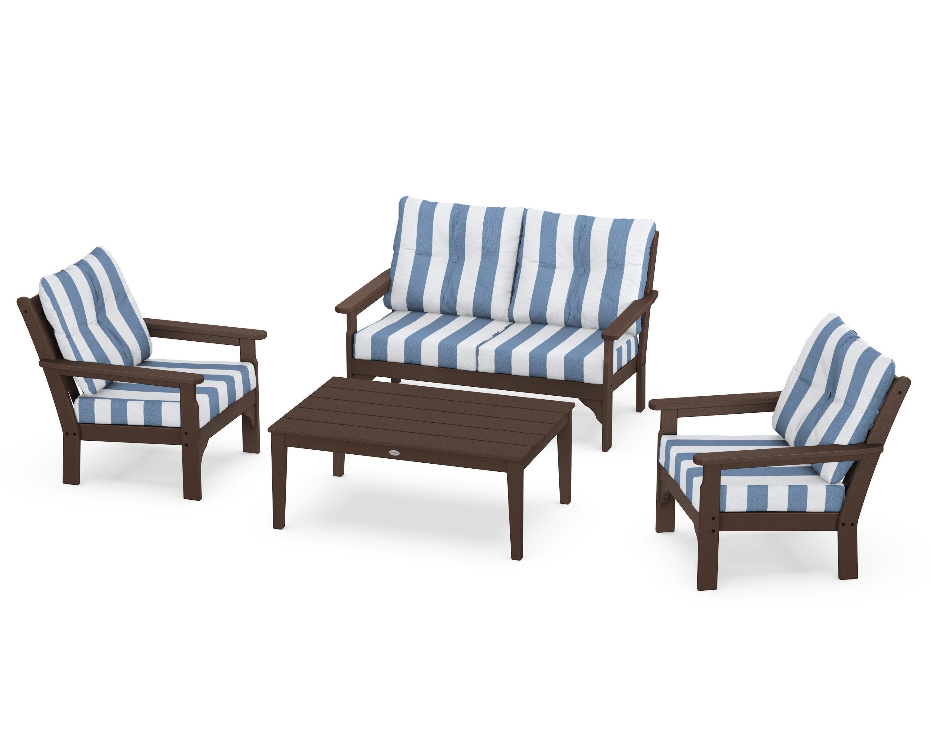 Vineyard 4-Piece Deep Seating Set in Mahogany / Cabana Stripe Sky Blue