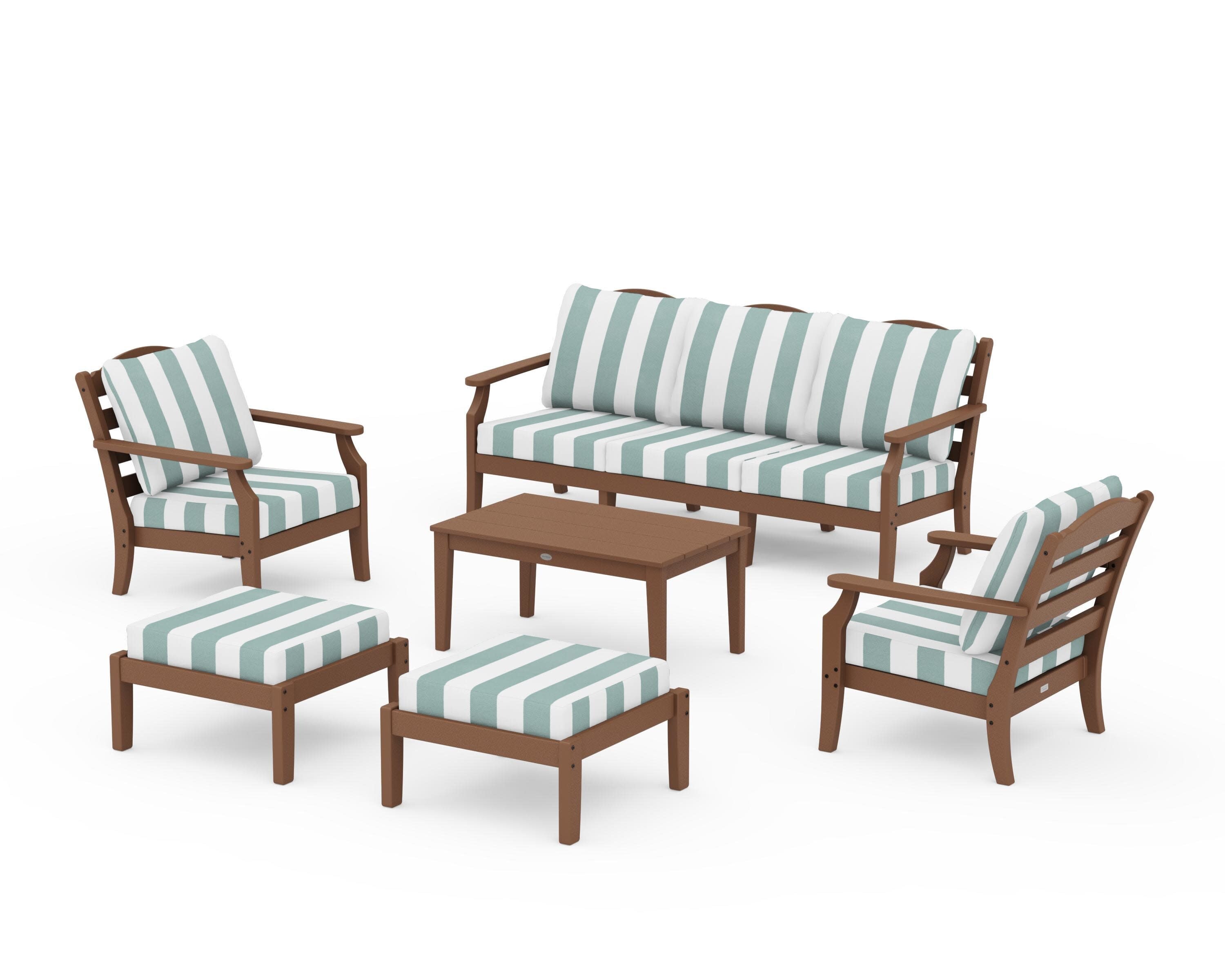 Savannah 6-Piece Lounge Sofa Set in Teak / Cabana Stripe Glacier Spa