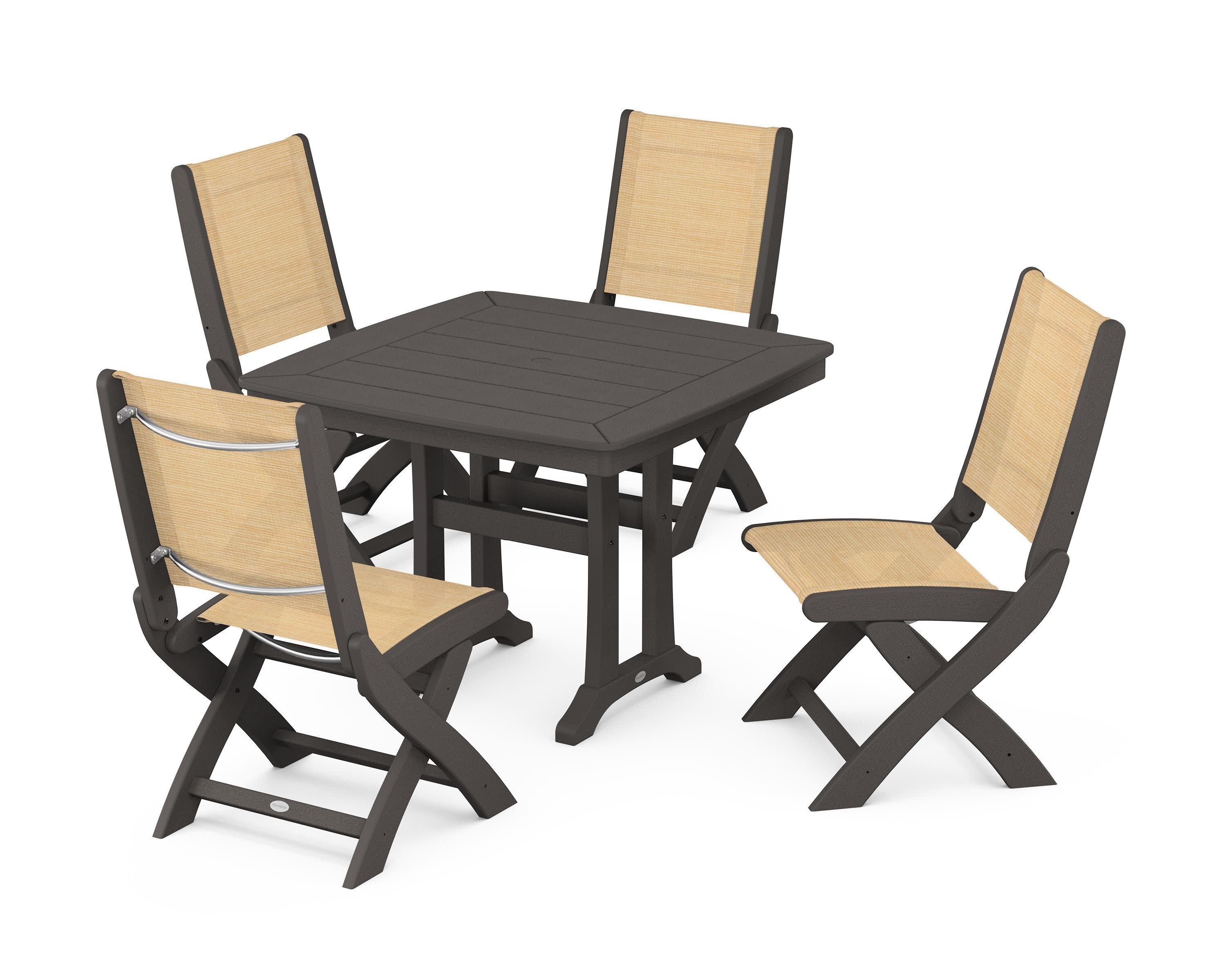 Coastal Folding Side Chair 5-Piece Dining Set with Trestle Legs in Vintage Coffee / Dupioni Apricot Sling