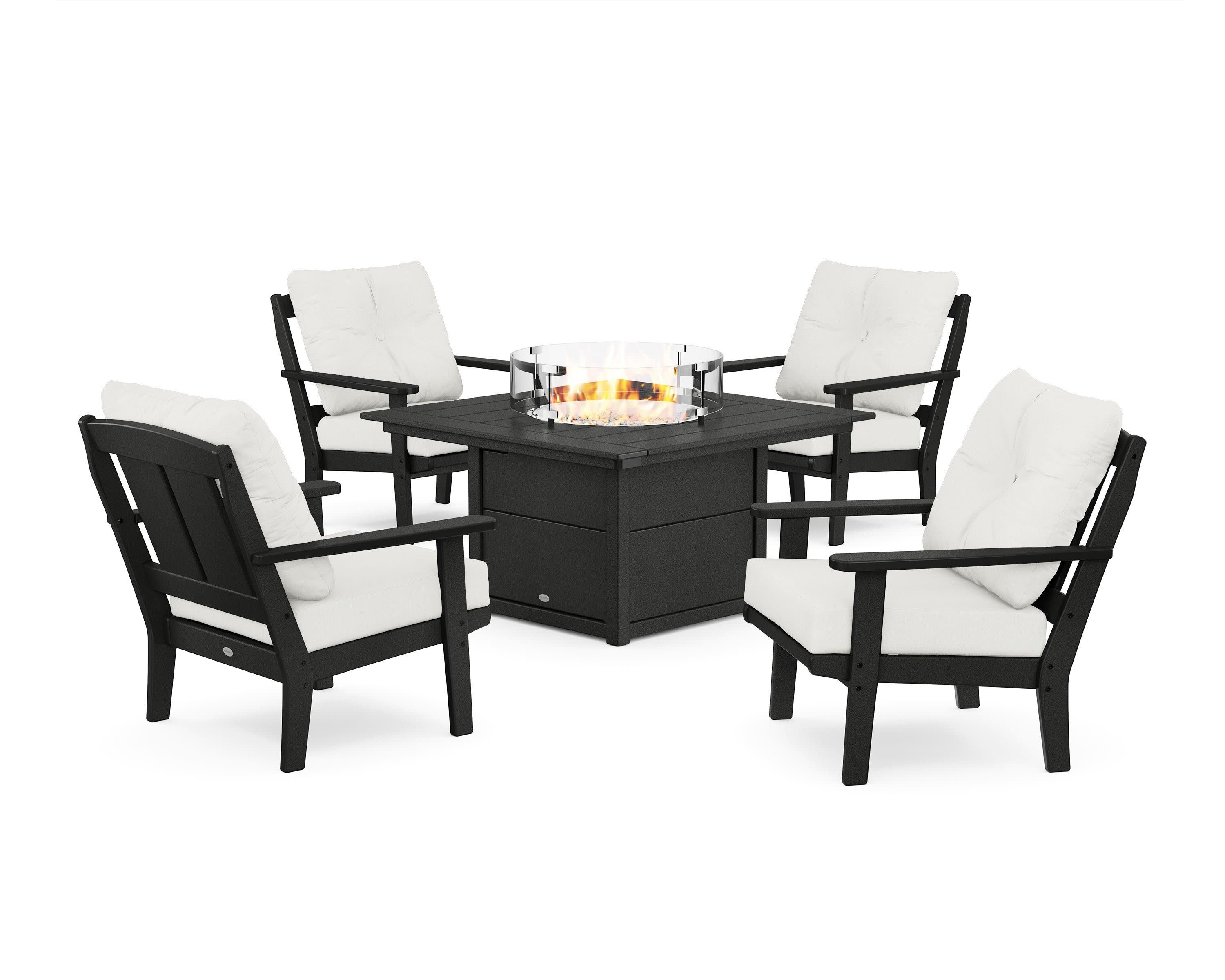 Mission 5-Piece Deep Seating Set with Fire Pit Table in Black / Natural Linen