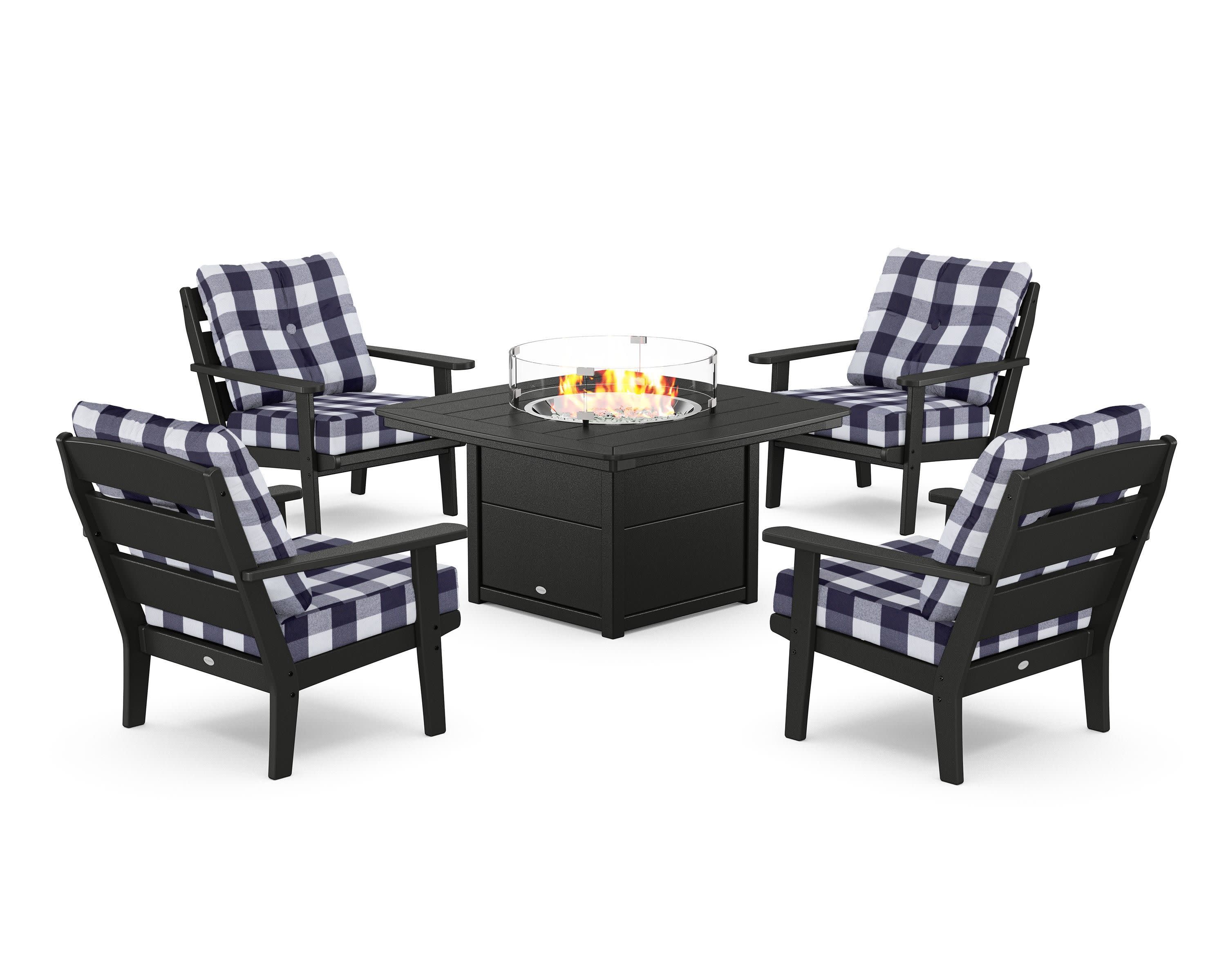 Lakeside 5-Piece Deep Seating Set with Nautical Fire Pit Table in Black / Buffalo Plaid Navy