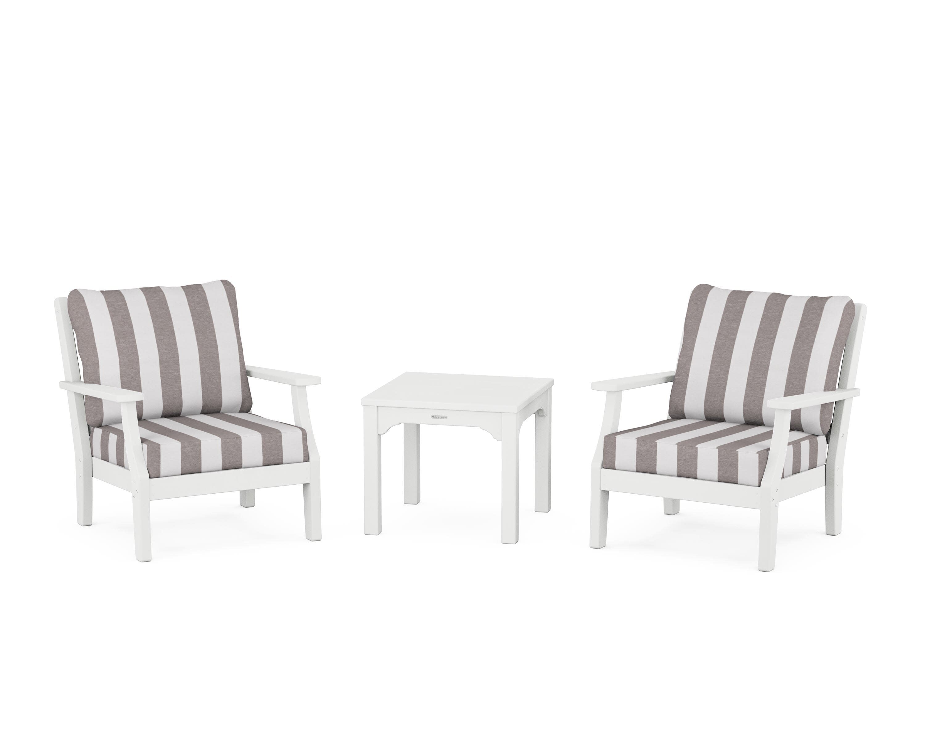 Chinoiserie 3-Piece Deep Seating Set in White / Cabana Stripe Grey Mist