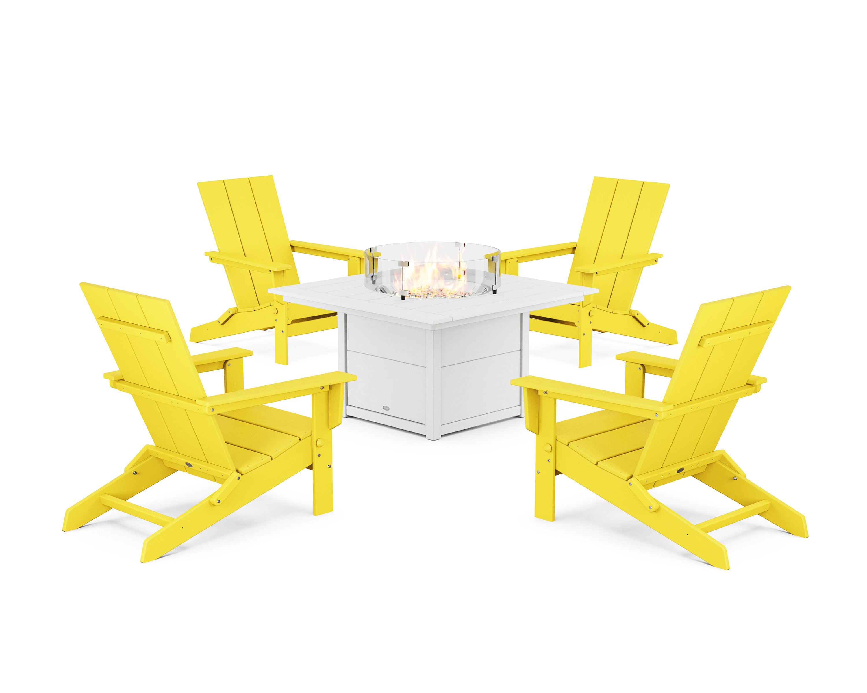 5-Piece Modern Studio Folding Adirondack Conversation Set with Fire Pit Table in Lemon / White
