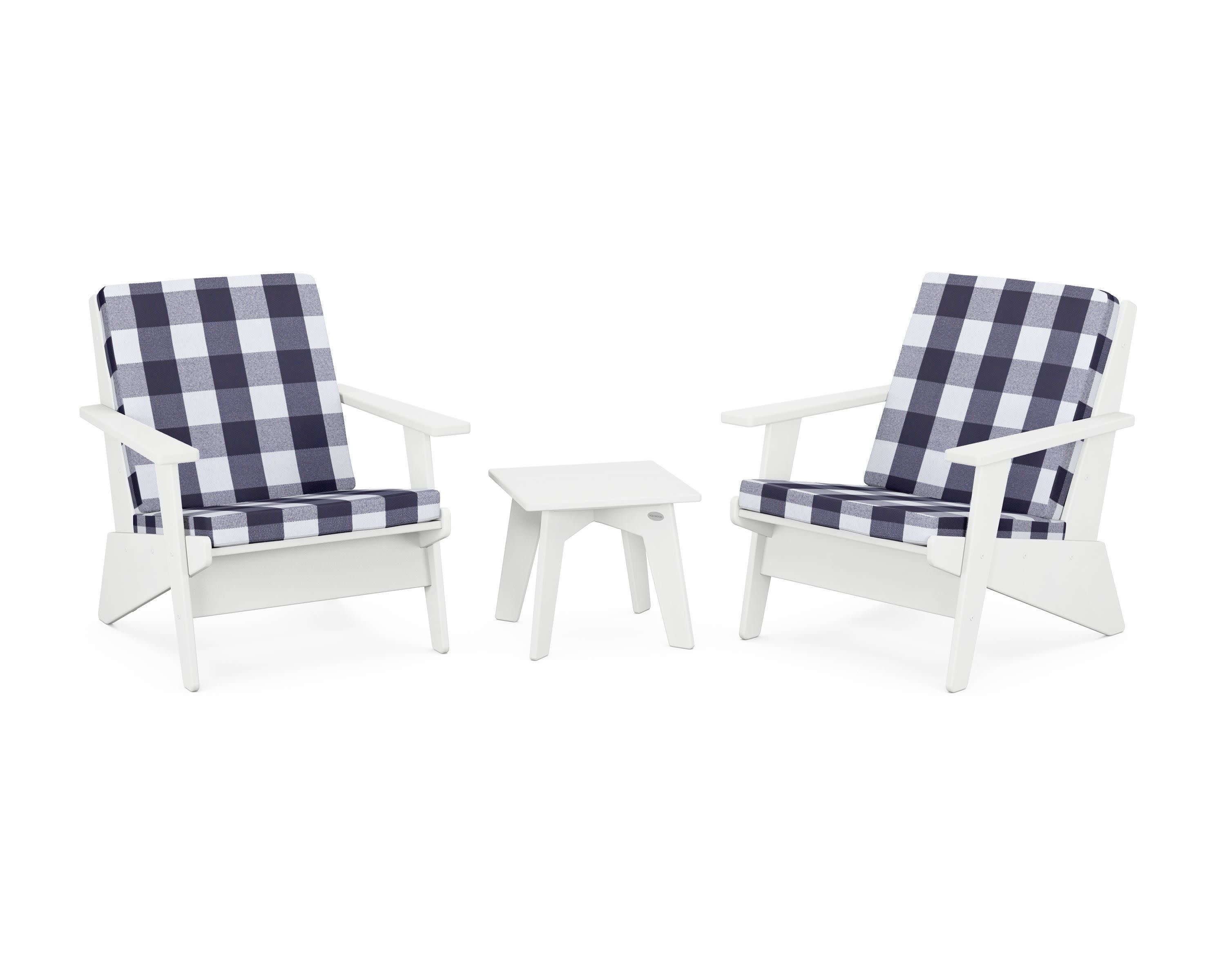 Riviera Modern Lounge 3-Piece Set in White / Buffalo Plaid Navy
