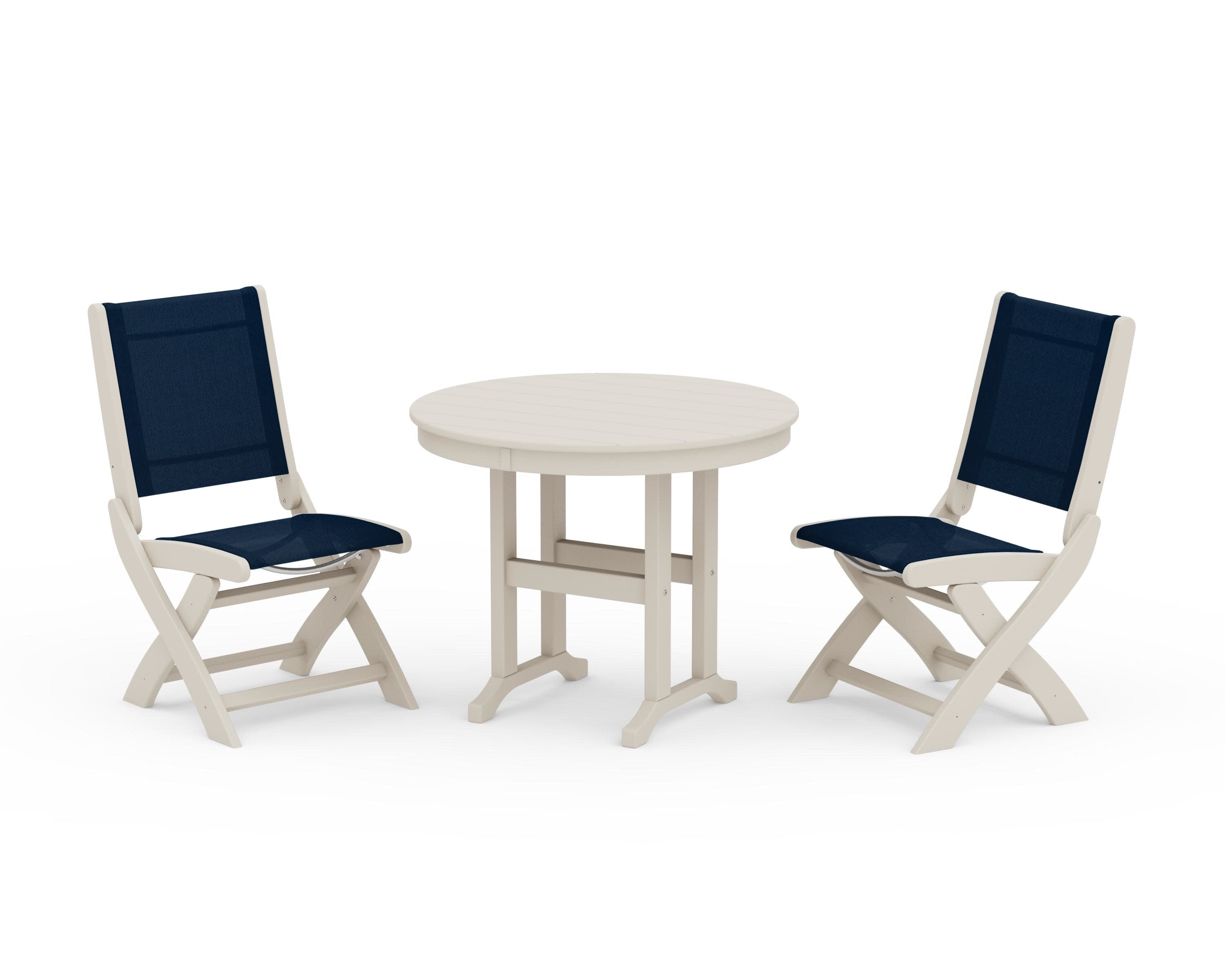 Coastal Folding Side Chair 3-Piece Round Dining Set in Sand / Navy Blue Sling