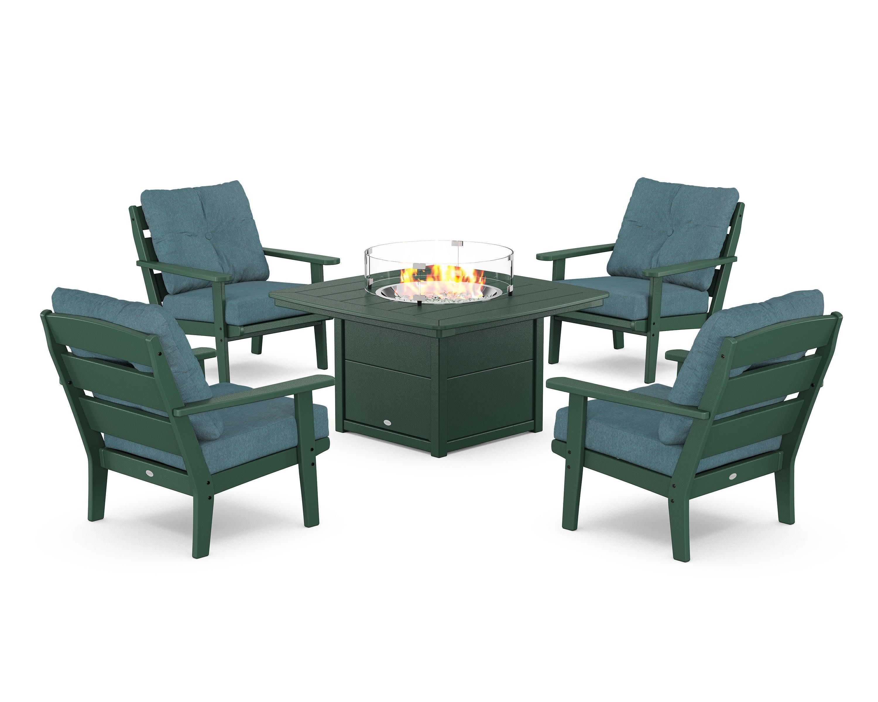 Lakeside 5-Piece Deep Seating Set with Nautical Fire Pit Table in Green / Ocean Teal