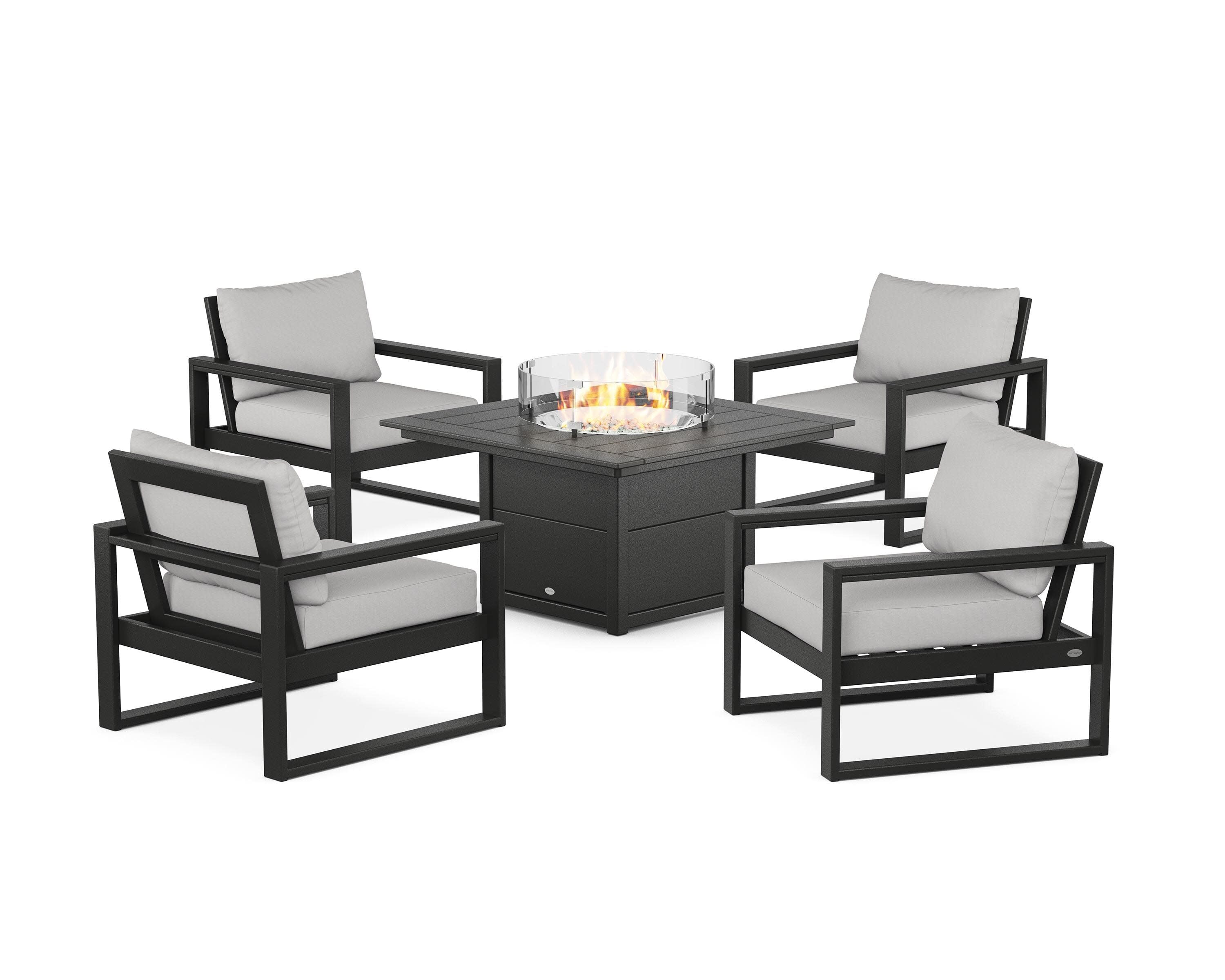 EDGE Sectional 5-Piece Deep Seating Set with Fire Pit Table in Black / Diamond in the Rough