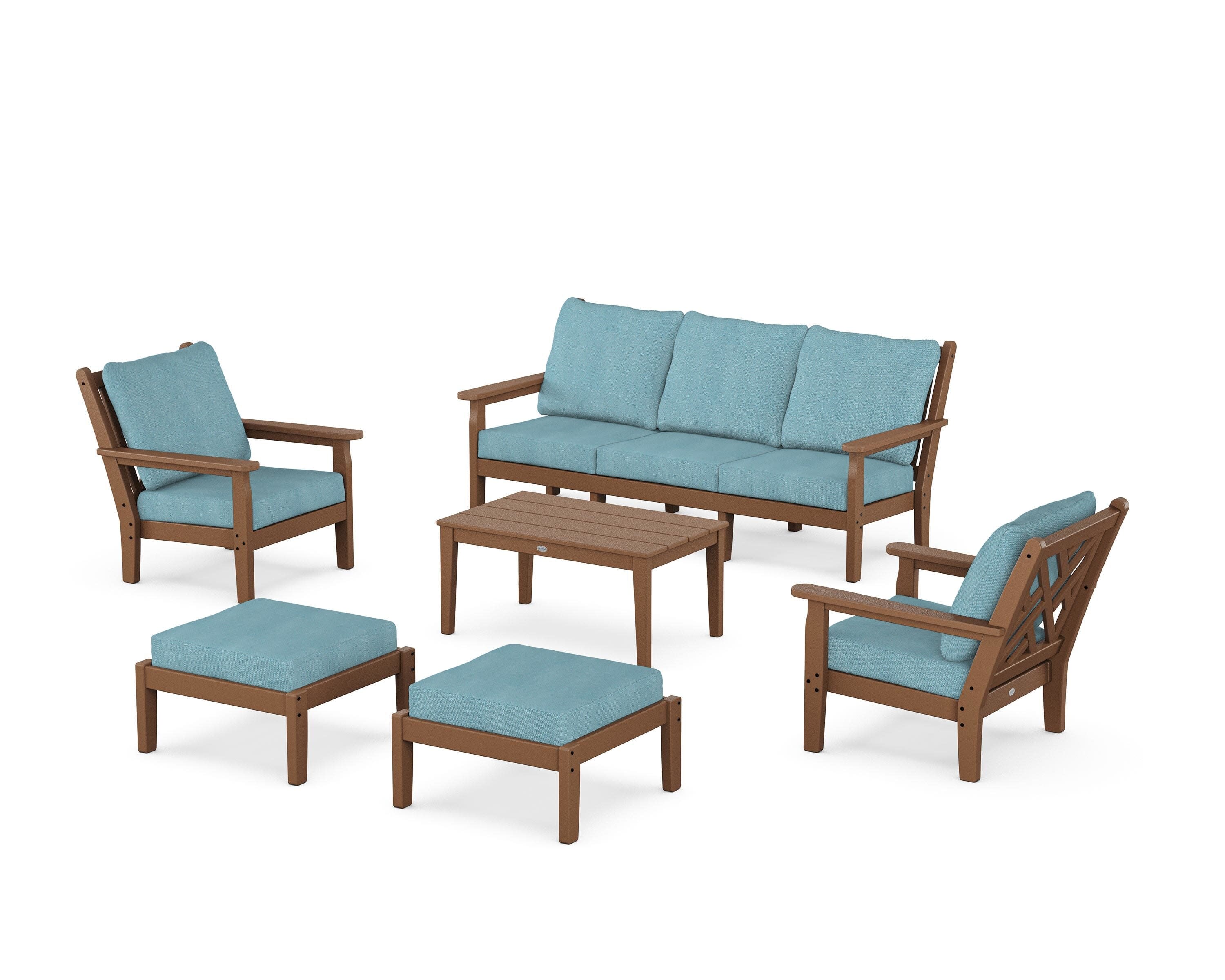 Chippendale 6-Piece Lounge Sofa Set in Teak / Lattice Sky Blue