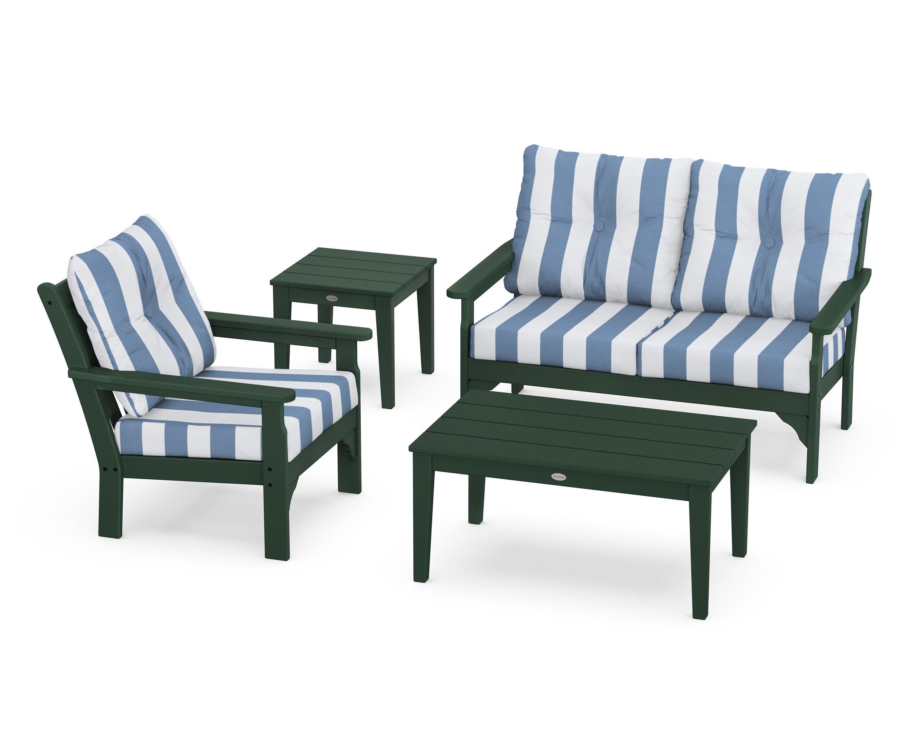Vineyard 4-Piece Deep Seating Set in Green / Cabana Stripe Sky Blue