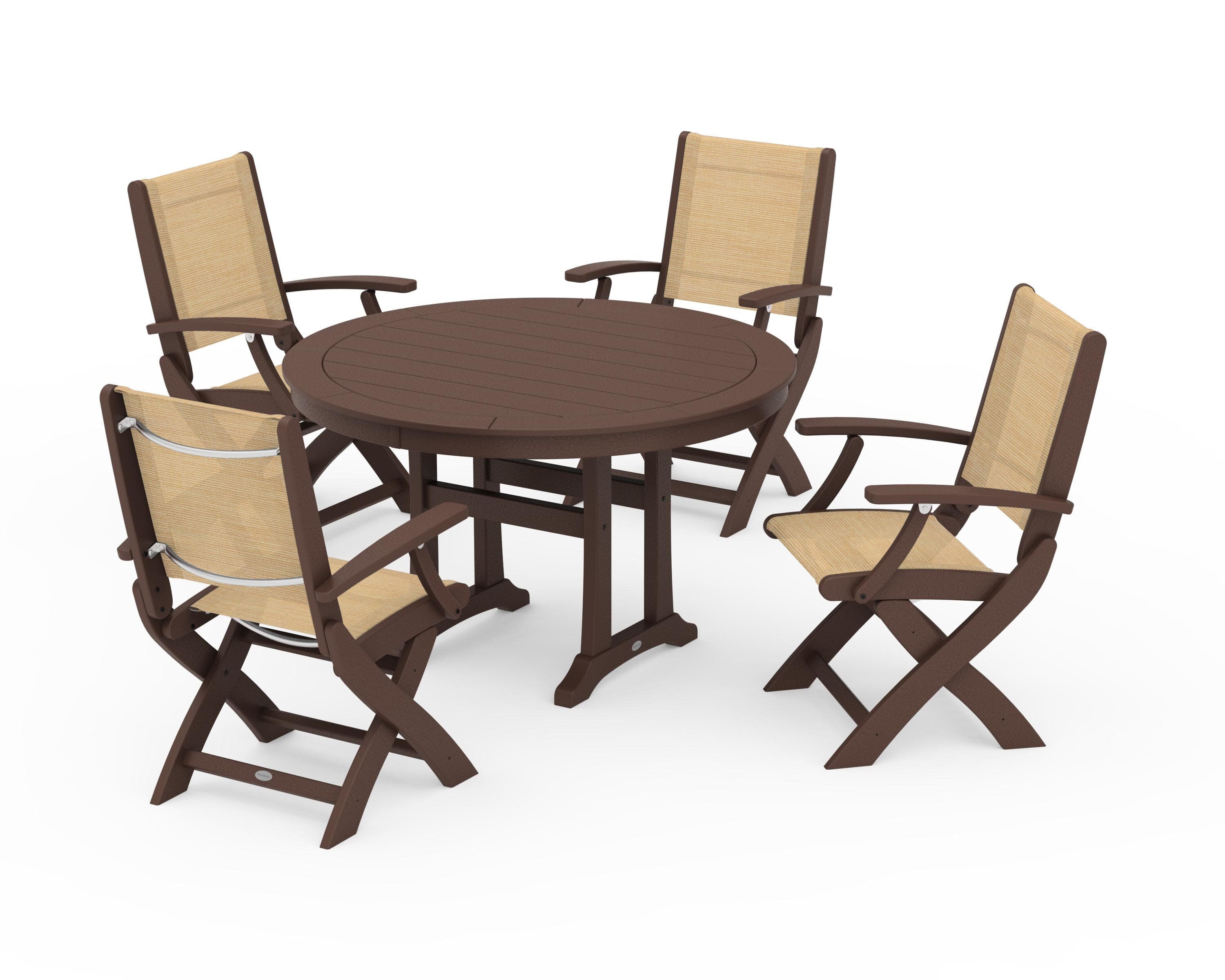 Coastal Folding Chair 5-Piece Round Dining Set with Trestle Legs in Mahogany / Dupioni Apricot Sling