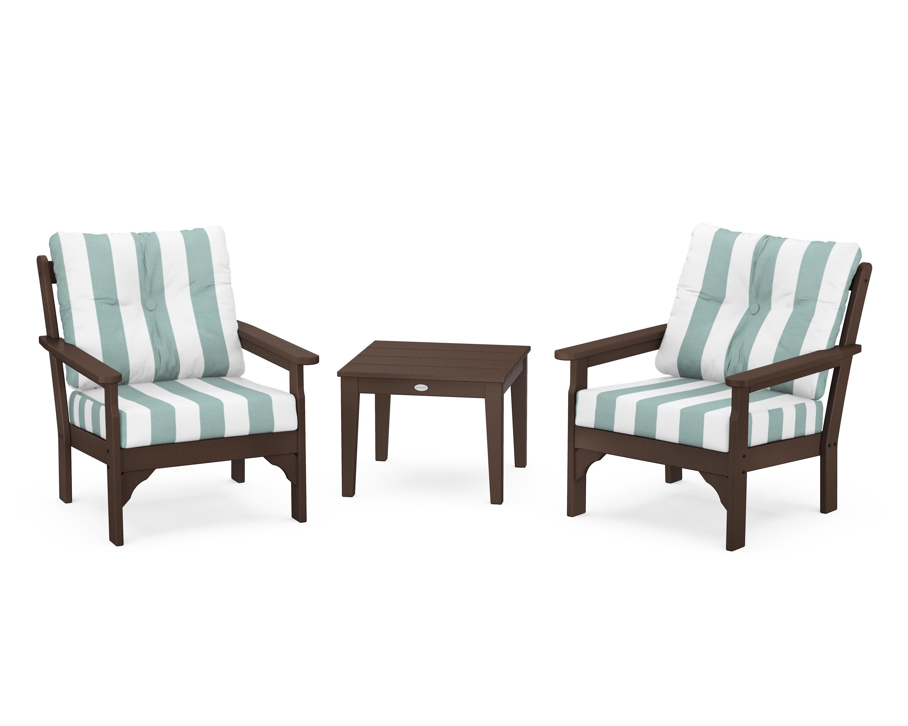 Vineyard 3-Piece Deep Seating Set in Mahogany / Cabana Stripe Glacier Spa
