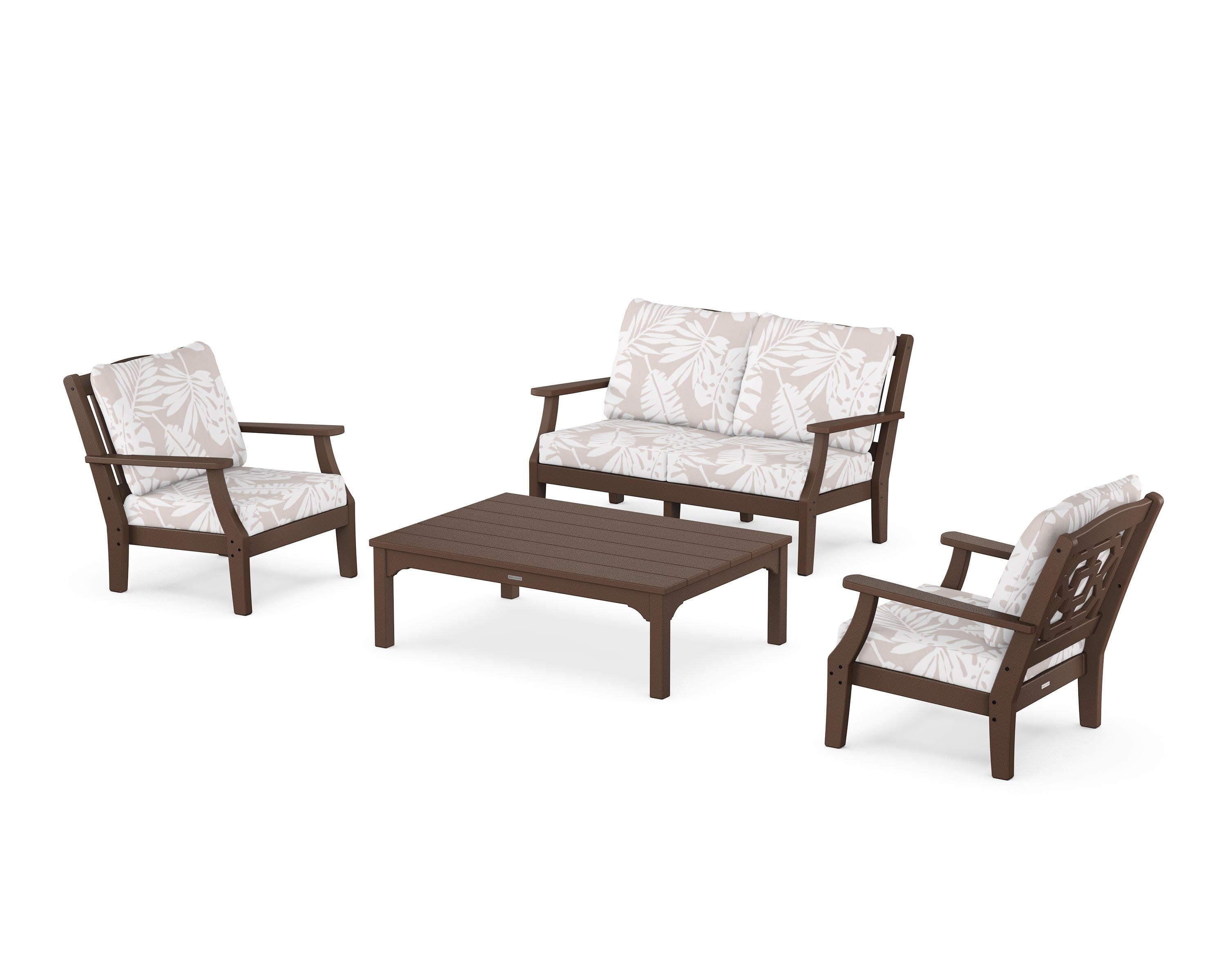 Chinoiserie 4-Piece Deep Seating Set with Loveseat in Mahogany / Leaf Dune Burlap