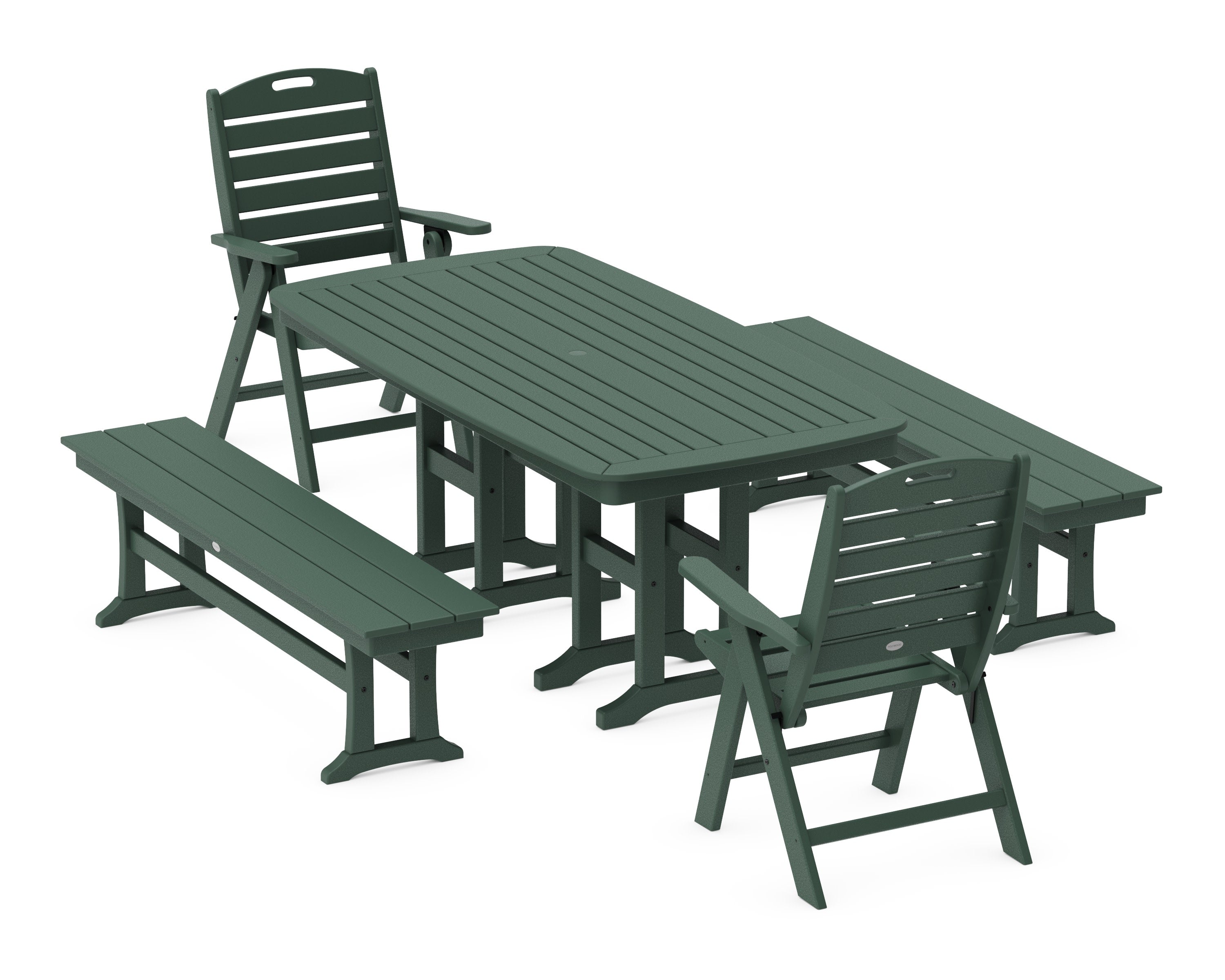Nautical Highback 5-Piece Dining Set with Benches in Green