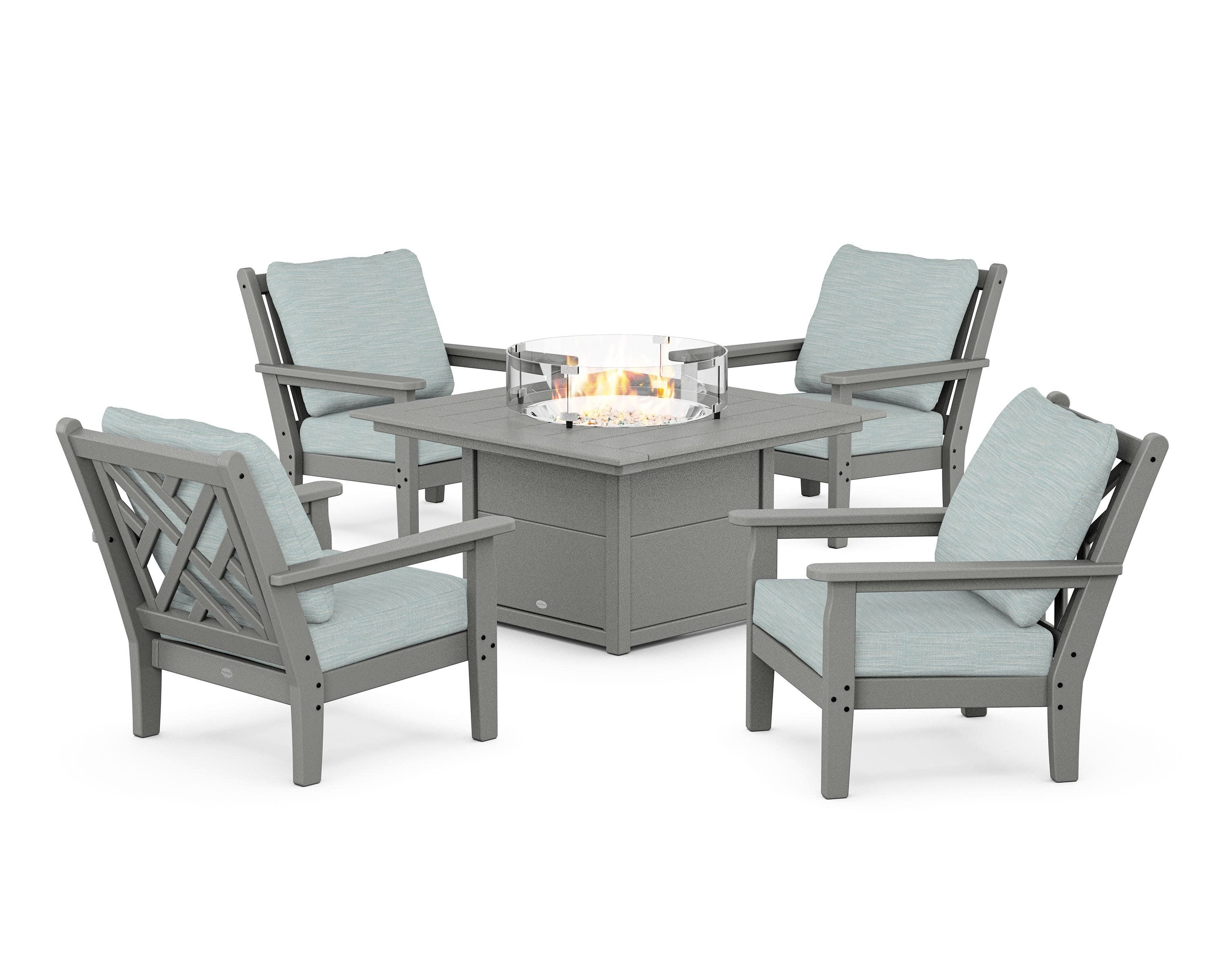 Chippendale 5-Piece Deep Seating Set with Fire Pit Table in Slate Grey / Soothe Mist