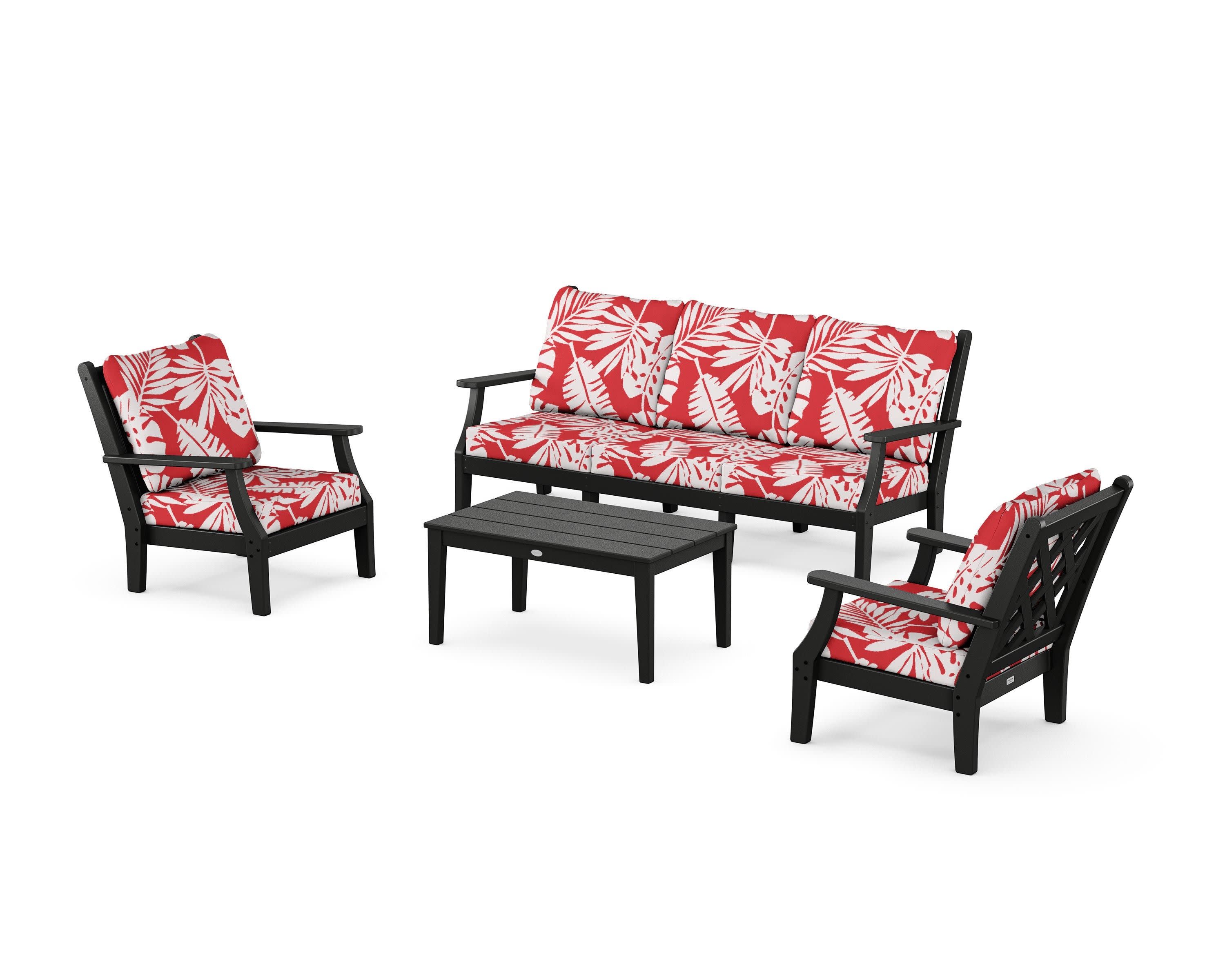 Wovendale 4-Piece Deep Seating Set with Sofa in Black / Leaf Crimson