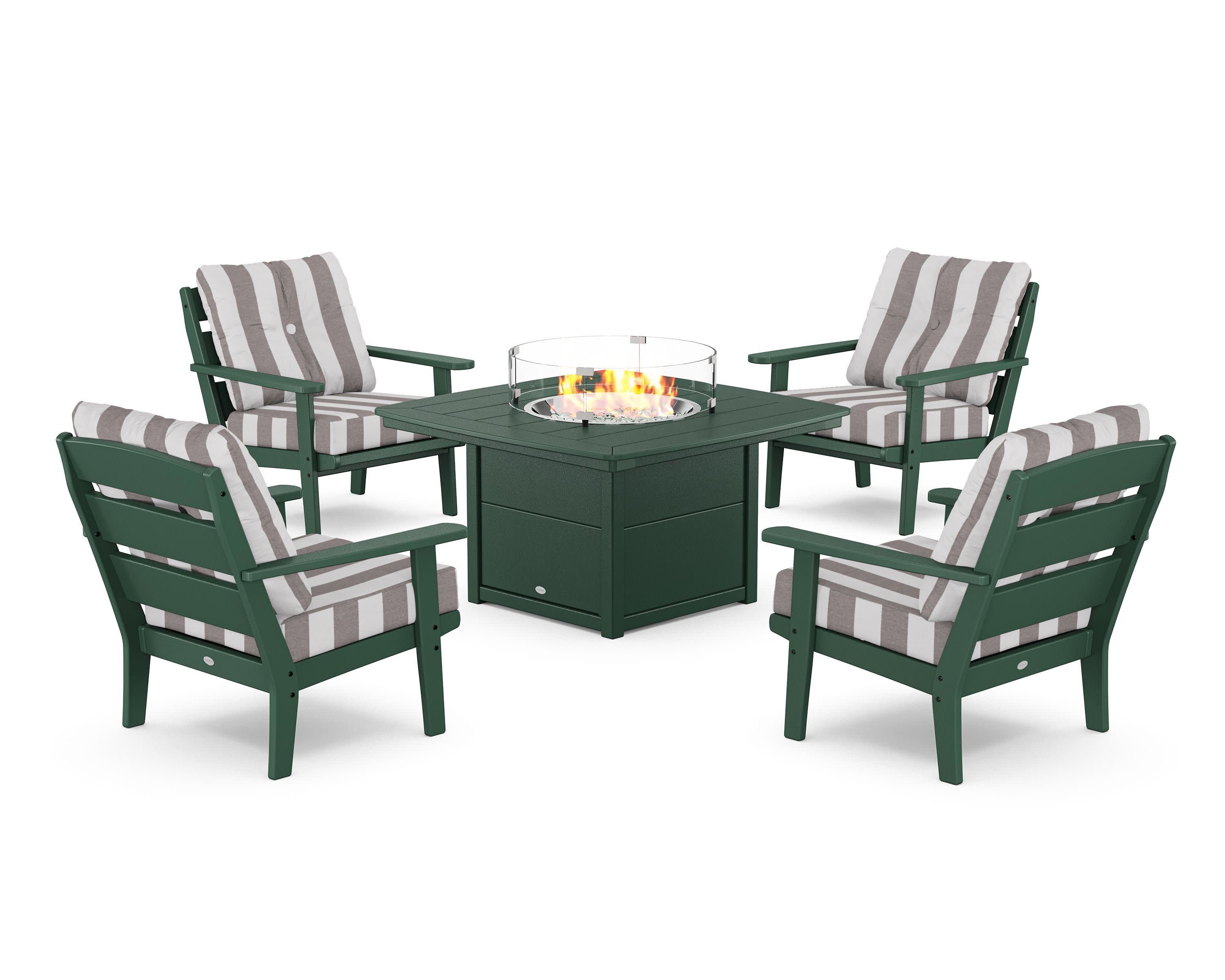 Lakeside 5-Piece Deep Seating Set with Nautical Fire Pit Table in Green / Cabana Stripe Grey Mist