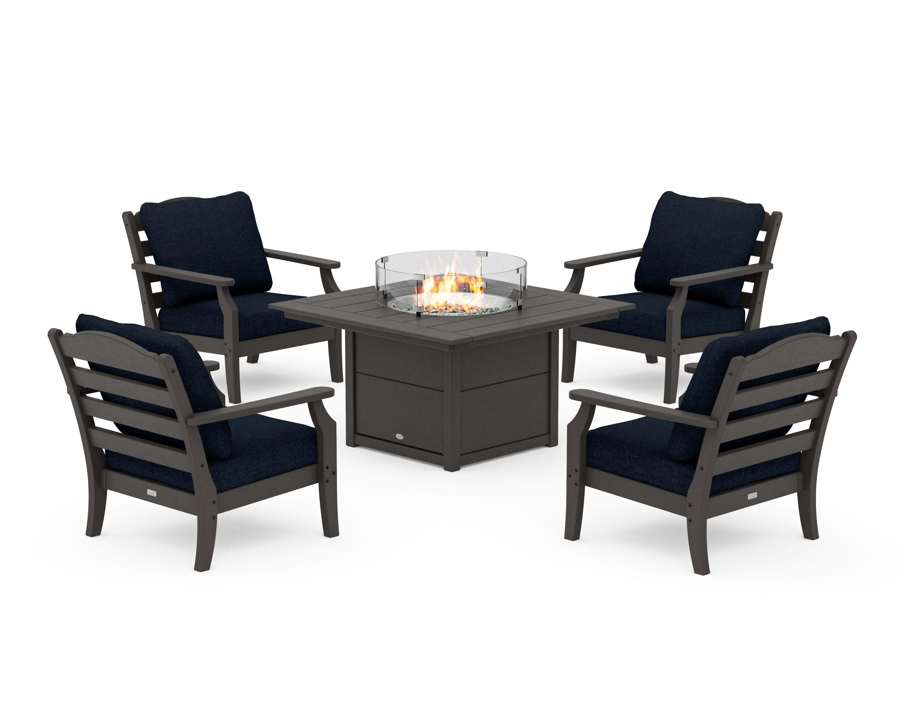 Savannah 5-Piece Deep Seating Set with Fire Pit Table in Vintage Coffee / Marine Indigo