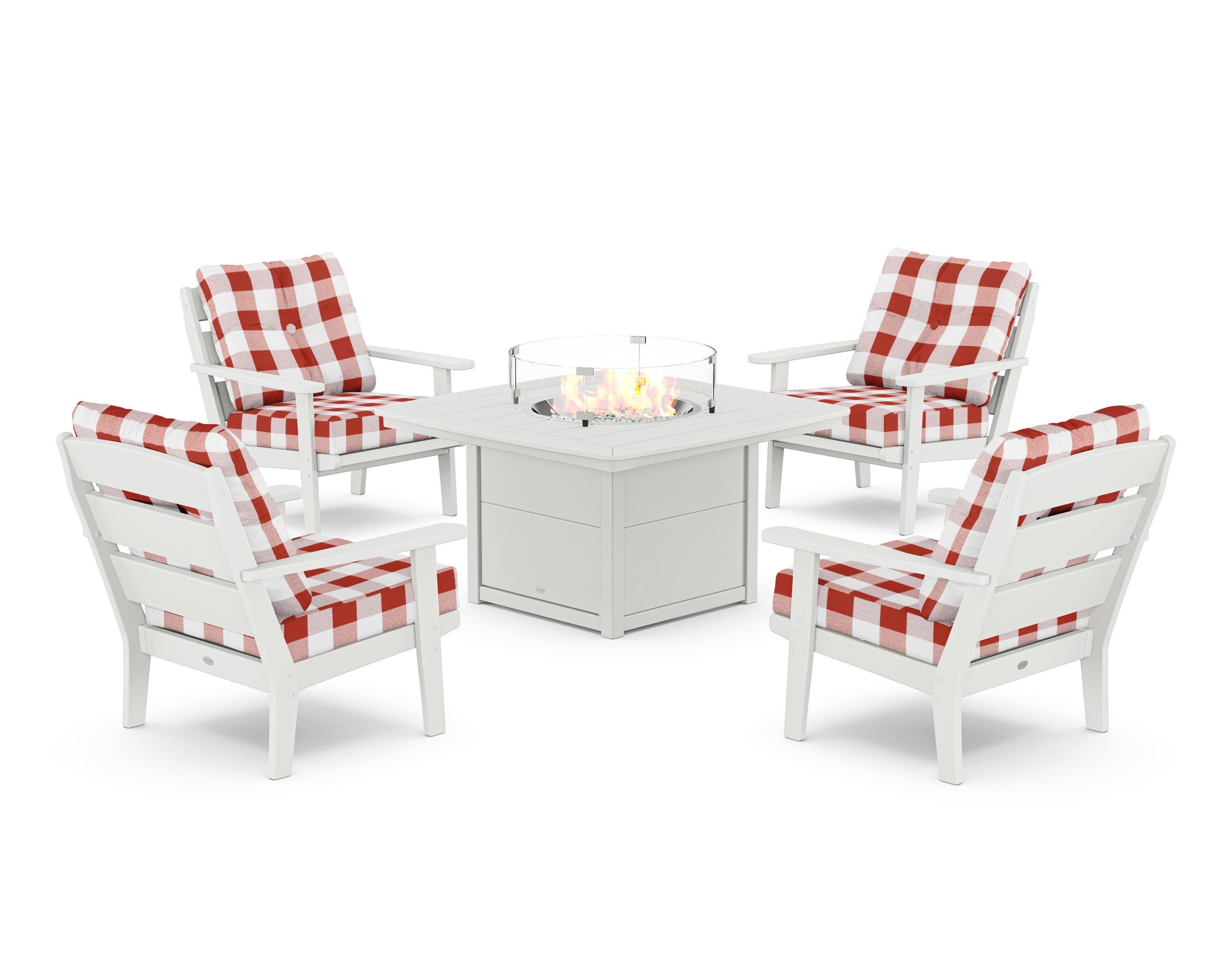 Lakeside 5-Piece Deep Seating Set with Nautical Fire Pit Table in White / Buffalo Plaid Crimson