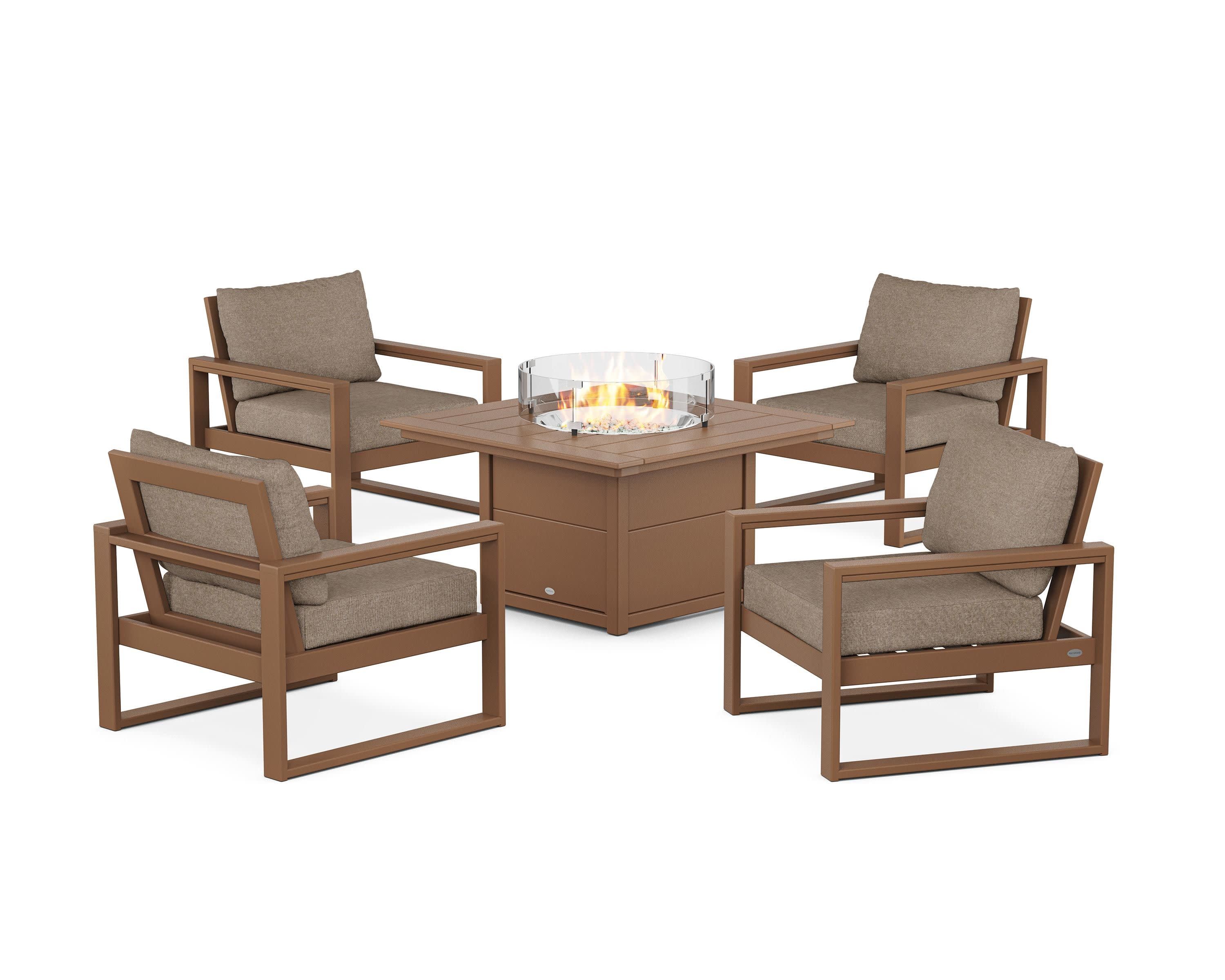 EDGE Sectional 5-Piece Deep Seating Set with Fire Pit Table in Teak / Spiced Burlap