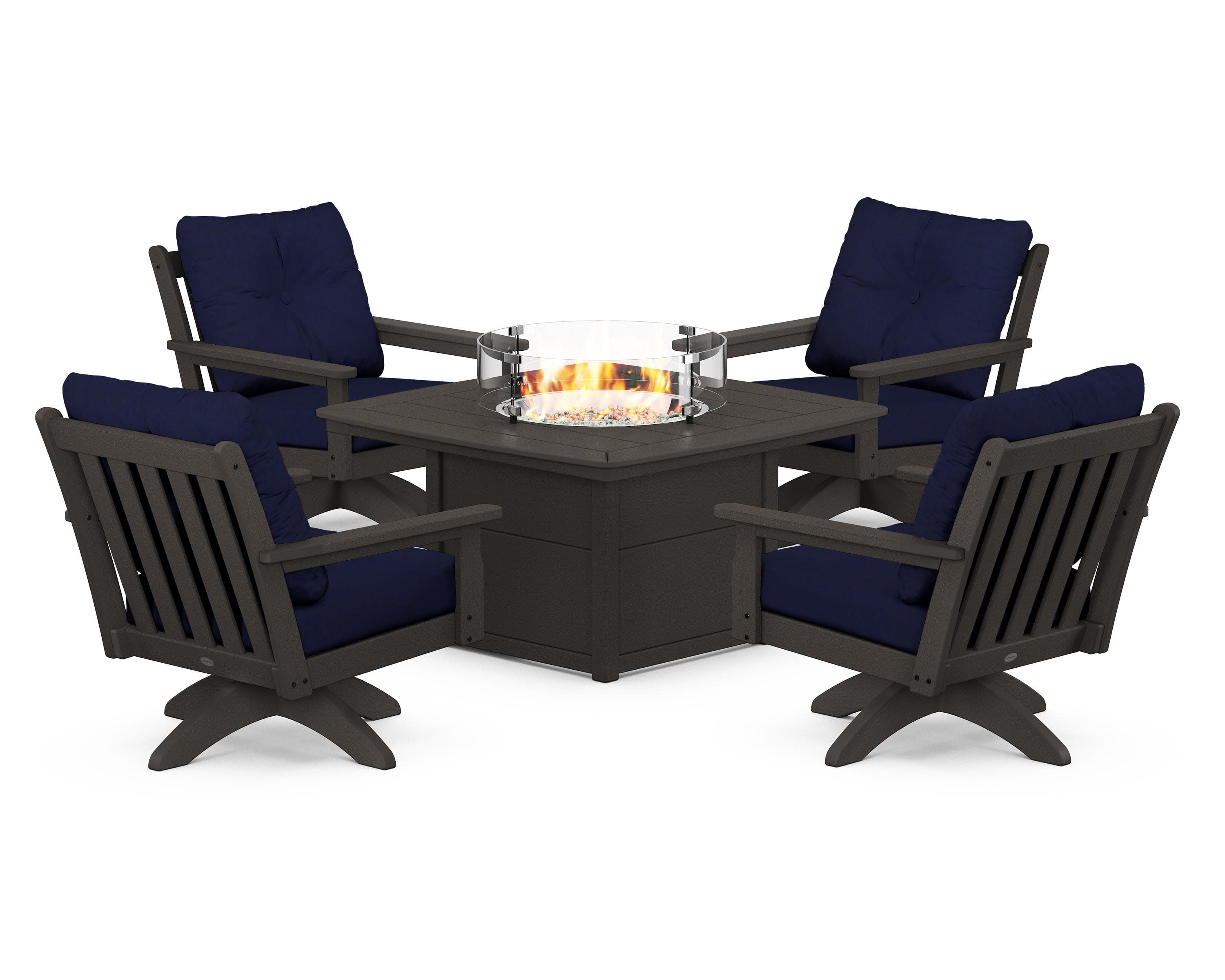 Vineyard 5-Piece Deep Seating Swivel Conversation Set with Fire Pit Table in Vintage Coffee / Navy
