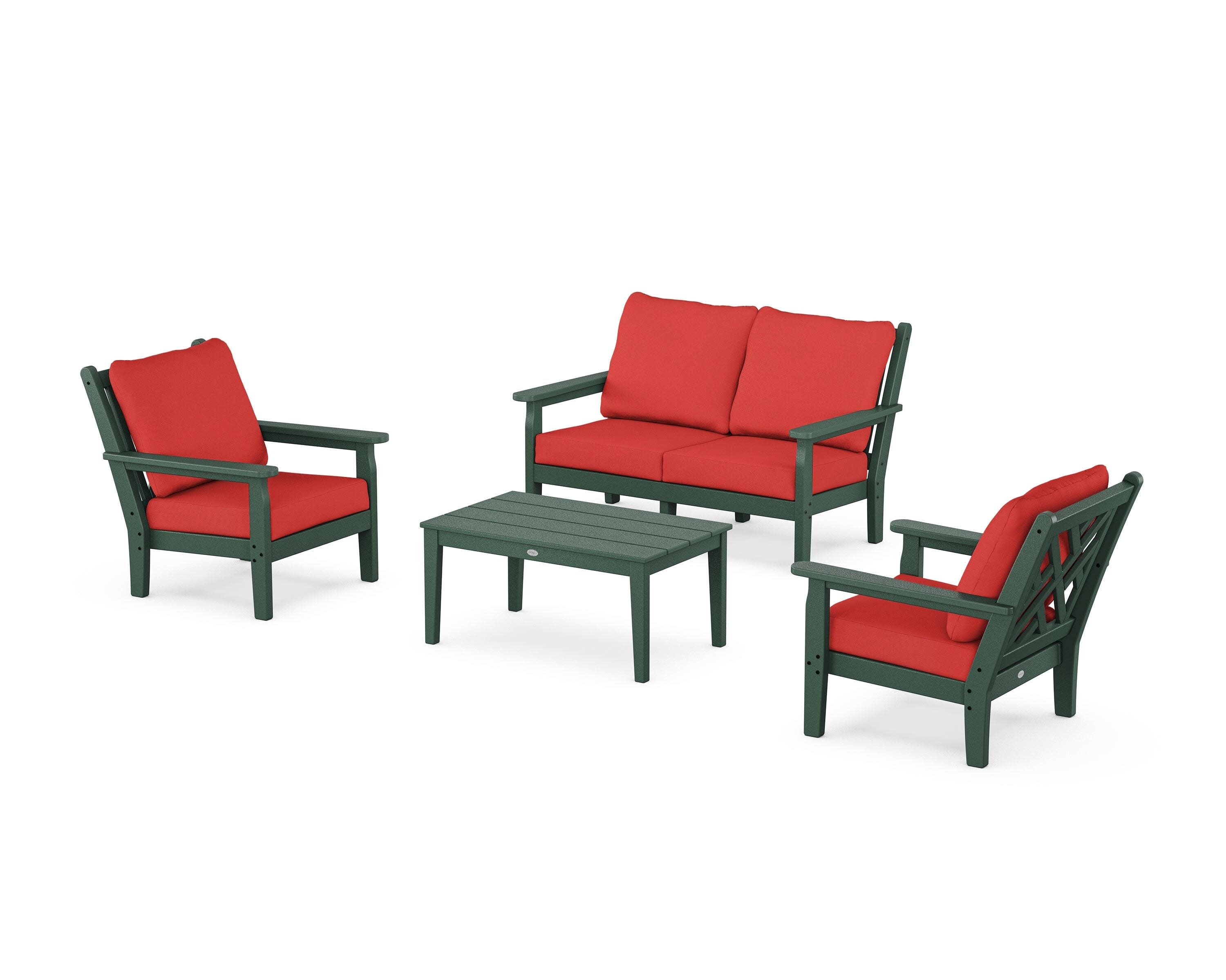 Chippendale 4-Piece Deep Seating Set with Loveseat in Green / Crimson Linen