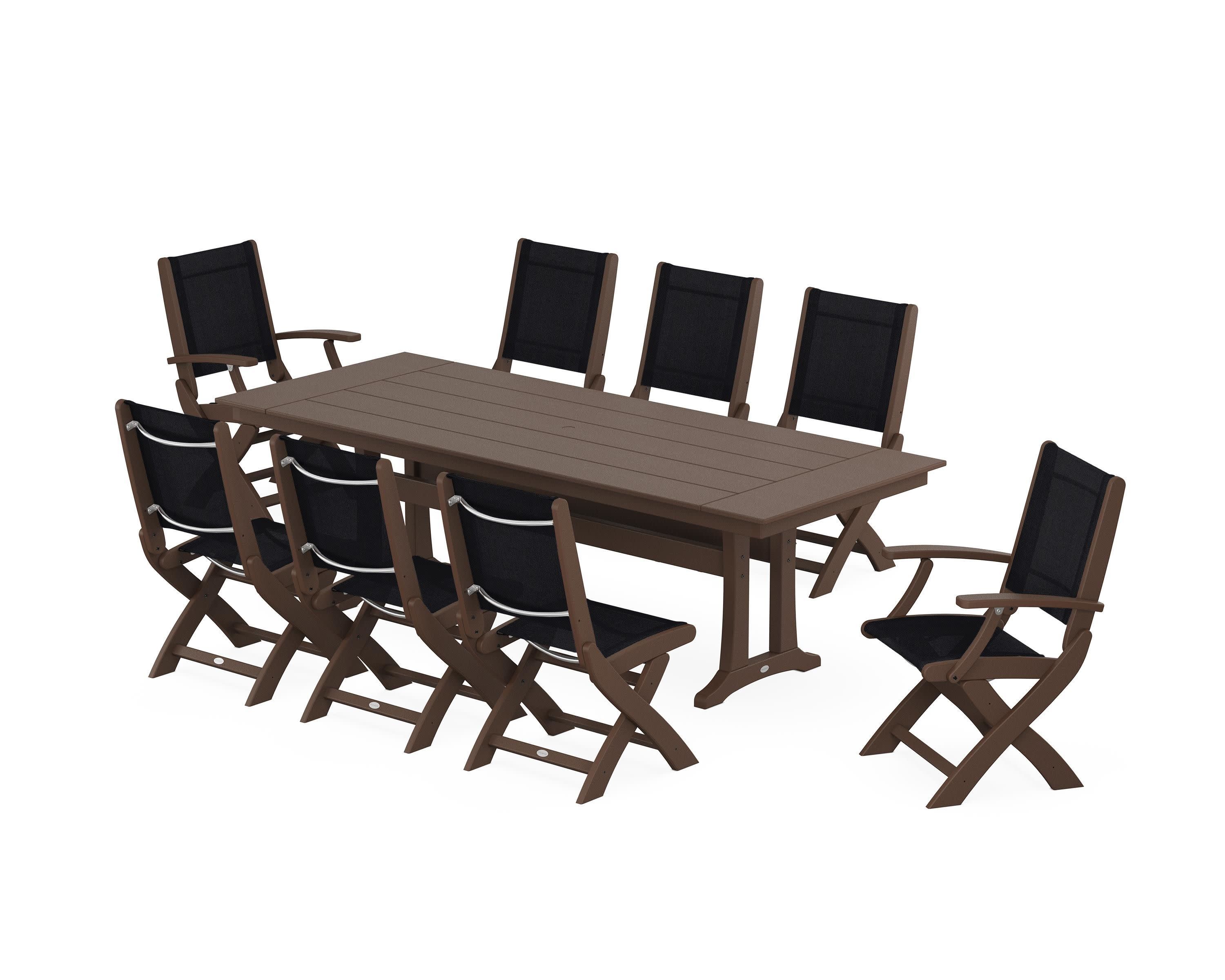Coastal 9-Piece Folding Dining Chair Farmhouse Dining Set with Trestle Legs in Mahogany / Black Sling