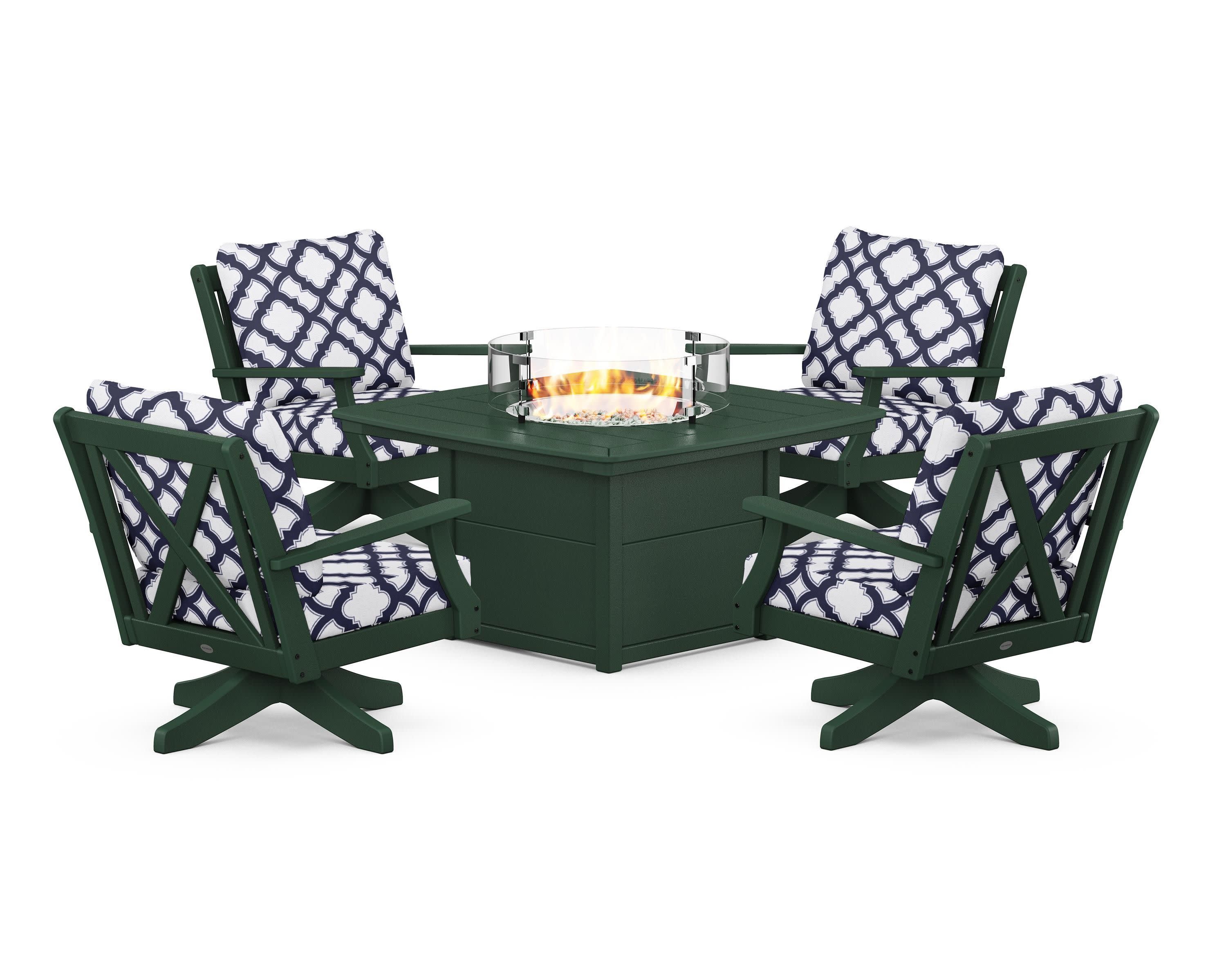 Braxton 5-Piece Deep Seating Swivel Conversation Set with Fire Pit Table in Green / Trellis Navy